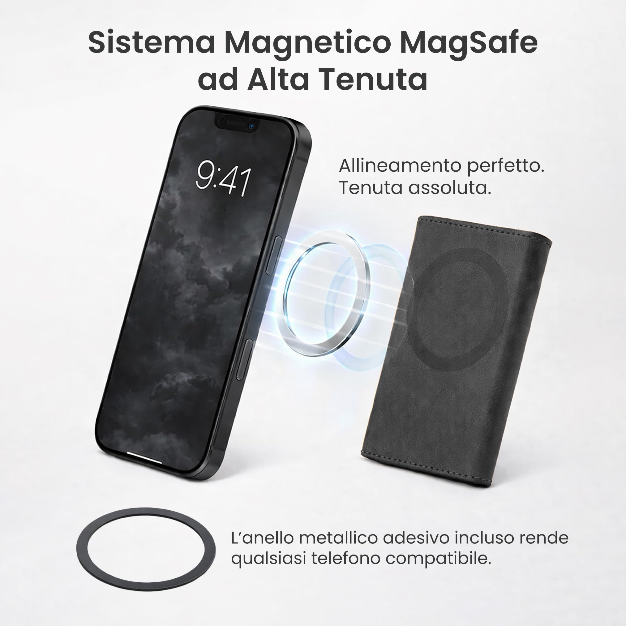 TECHMADE Etres Portafoglio Magsafe Compatibile per iPhone 17/16/15/14/13/12 - Portacarte Magnetico, RFID, in PU Leather - 6 Slot Carte + Tasca Contanti - Compatto, Unisex, Antiscivolo (NERO)
