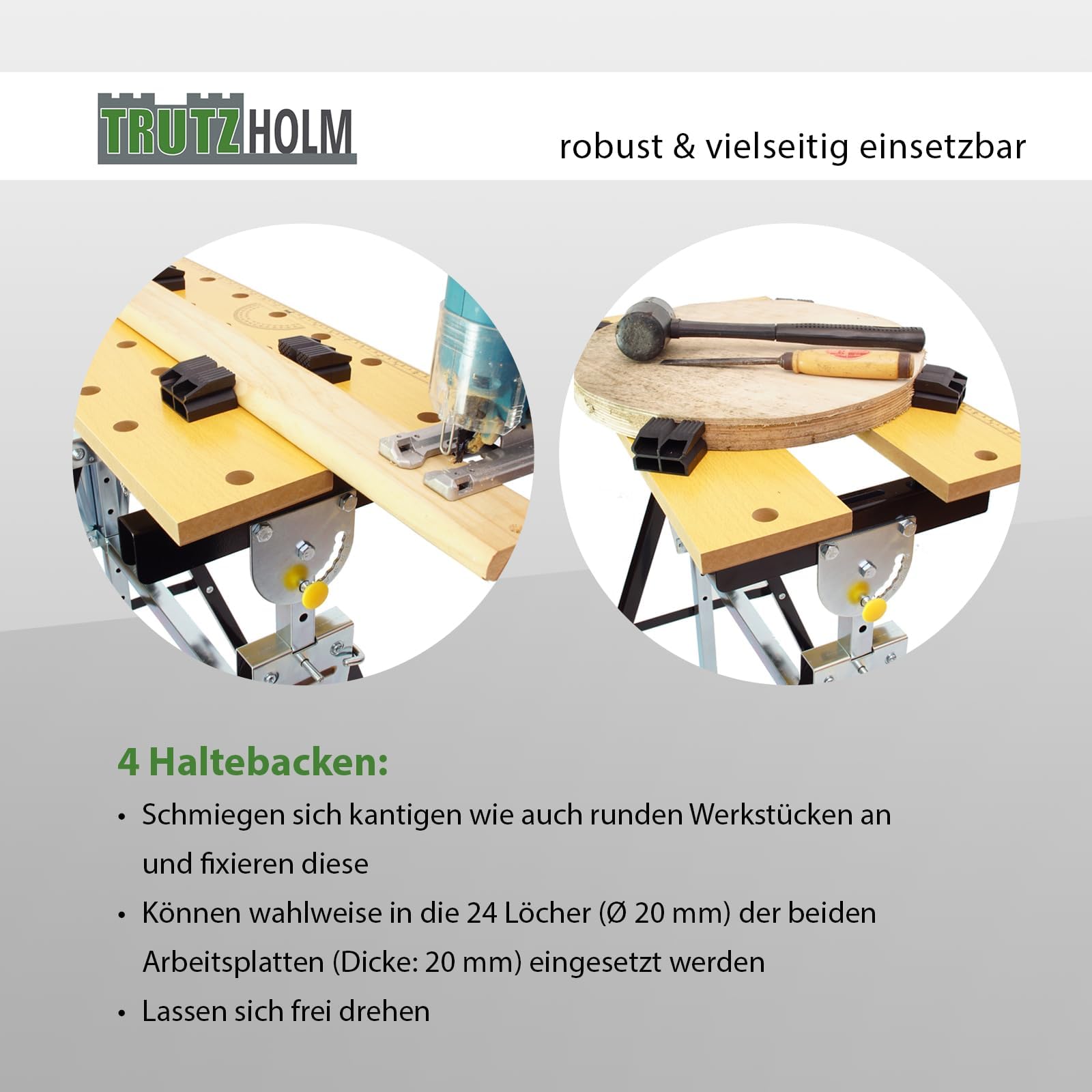 TRUTZHOLM Werkbank klappbar 7-Fach höhenverstellbar Werktisch Spanntisch mit Backen Arbeitstisch bis 100kg große Arbeitsfläche, zum Schleifen, Einspannen von Werkstücken, Sägen, Höhe bis 114 cm