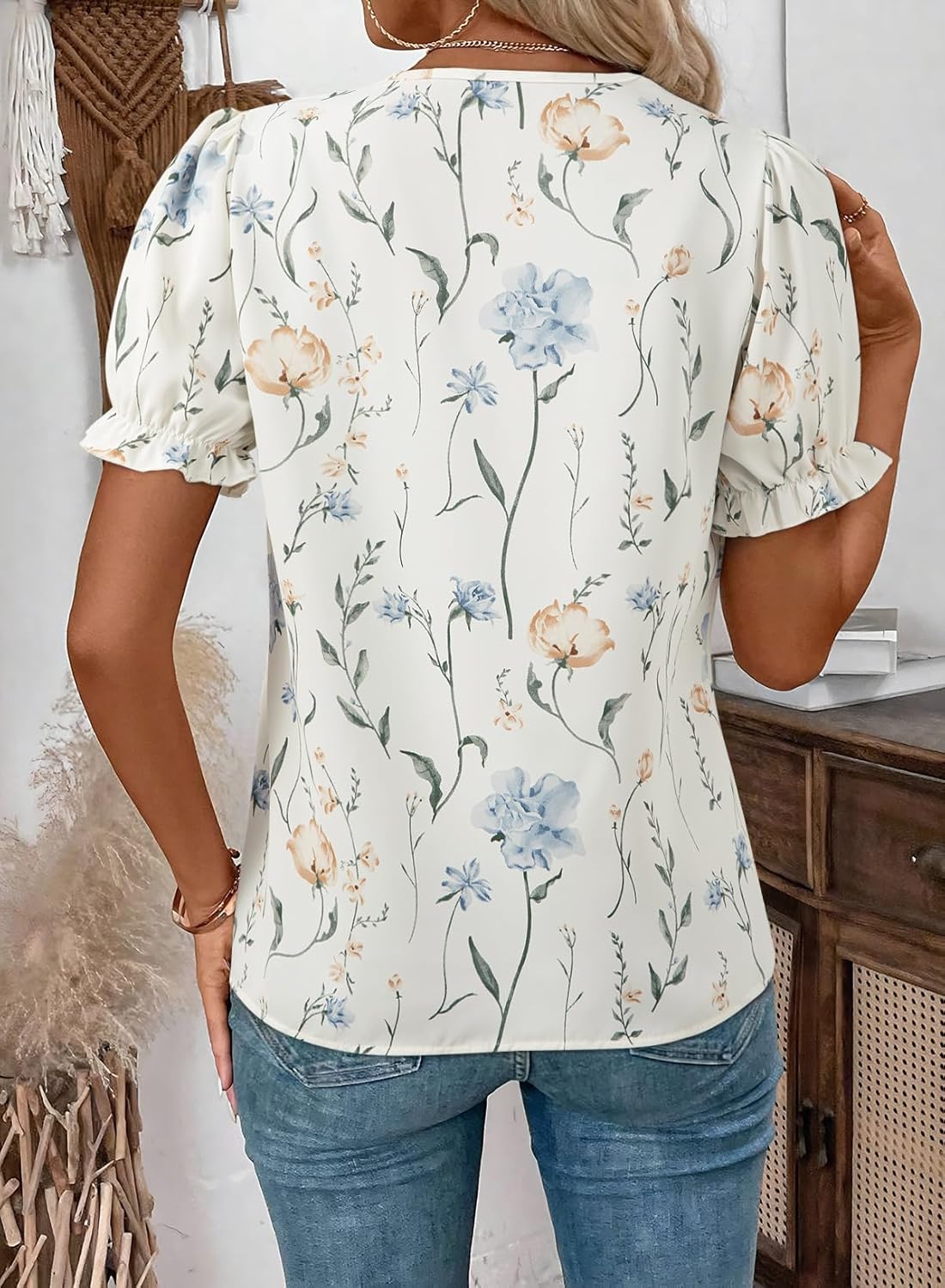 SHEWIN Womens Blouses Dressy Casual Lace V Neck Floral Tops Pulllover Short Sleeve Shirts Cute Summer Tops for Women 2026 - Image 3