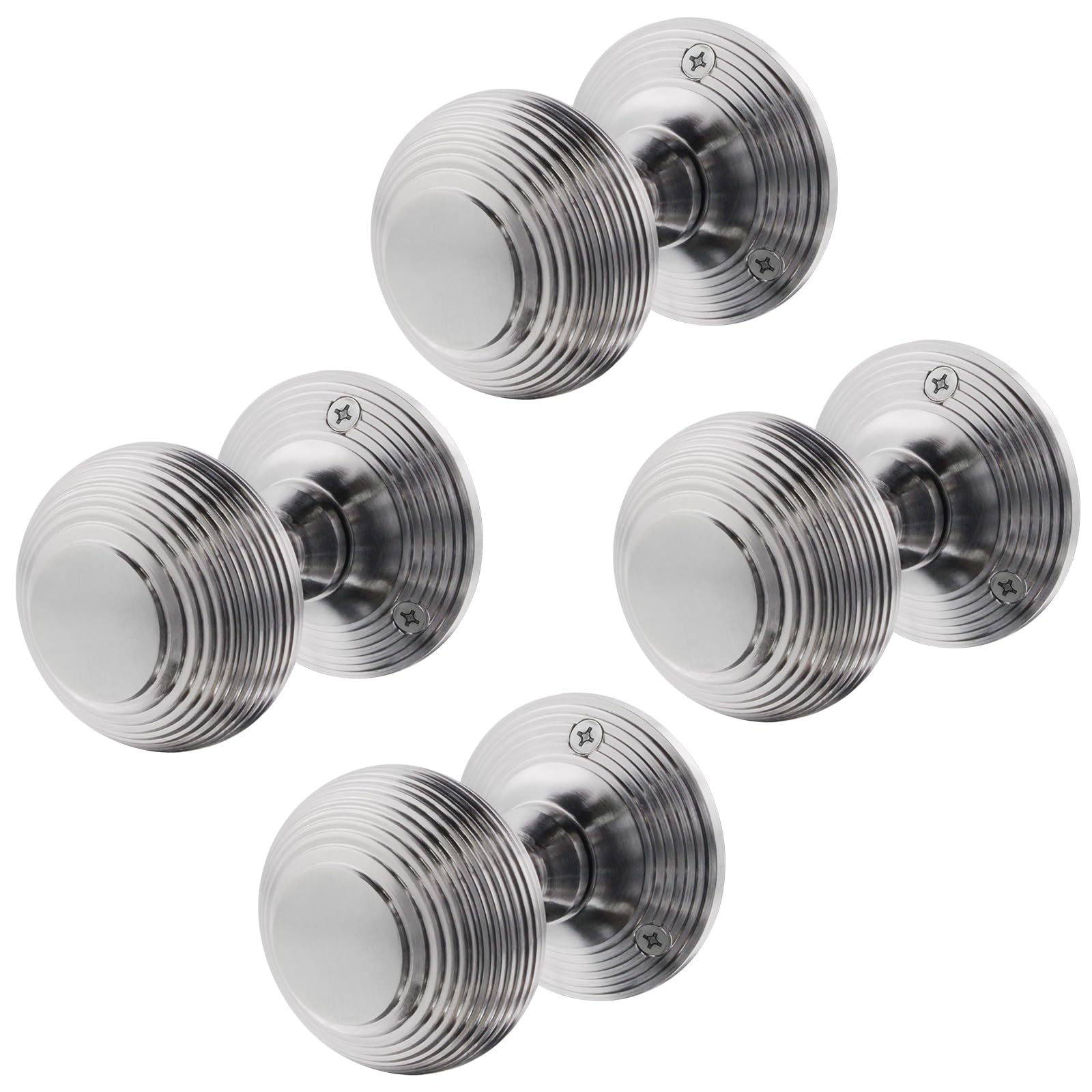 EAI Beehive Door Knobs Satin Chrome | 2 Pairs of Reeded Mortice Knobs (55mm) for Internal Doors