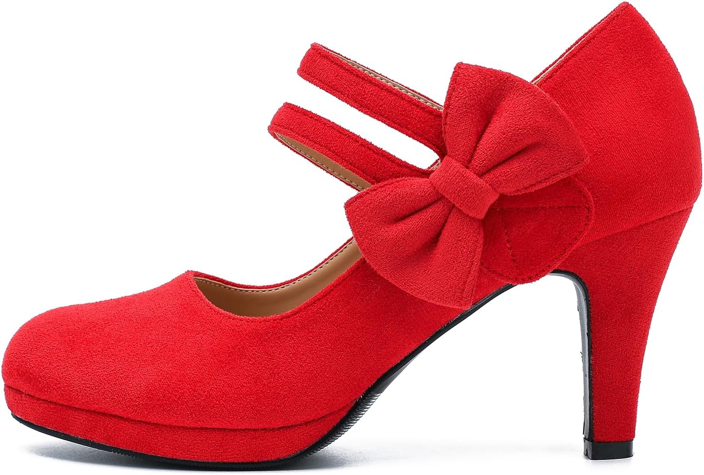 Women's Mary Jane Bow Heels Pumps Round Closed Toe Kitten Heel Double Ankle Strap Wedding Office Work Dress Shoes Red Velvet-46US 11 - Image 2