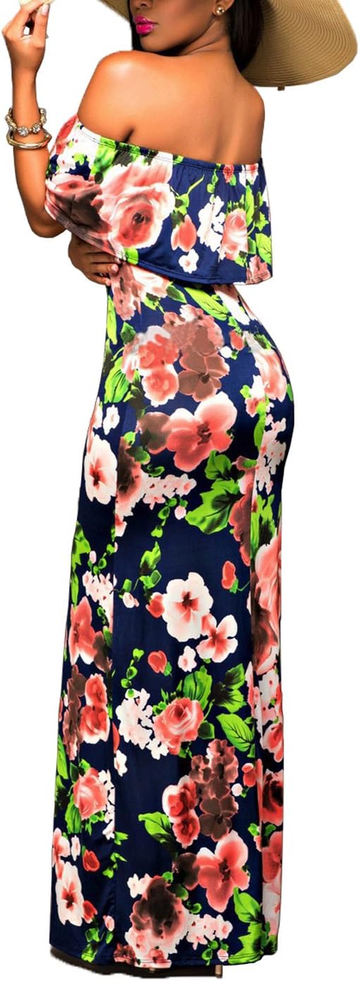 Suimiki Vintage Ruffle Plain Floral Printed Off Shoulder Bodycon Long Party Maxi Dress Navy B Small - Image 2