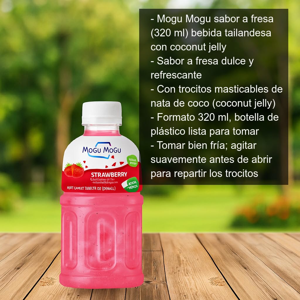 Bebida asiática Mogu Mogu sabor fresa con jelly de nata de coco 320 ml Pack 3 botellas refresco con trocitos masticables, lista para tomar