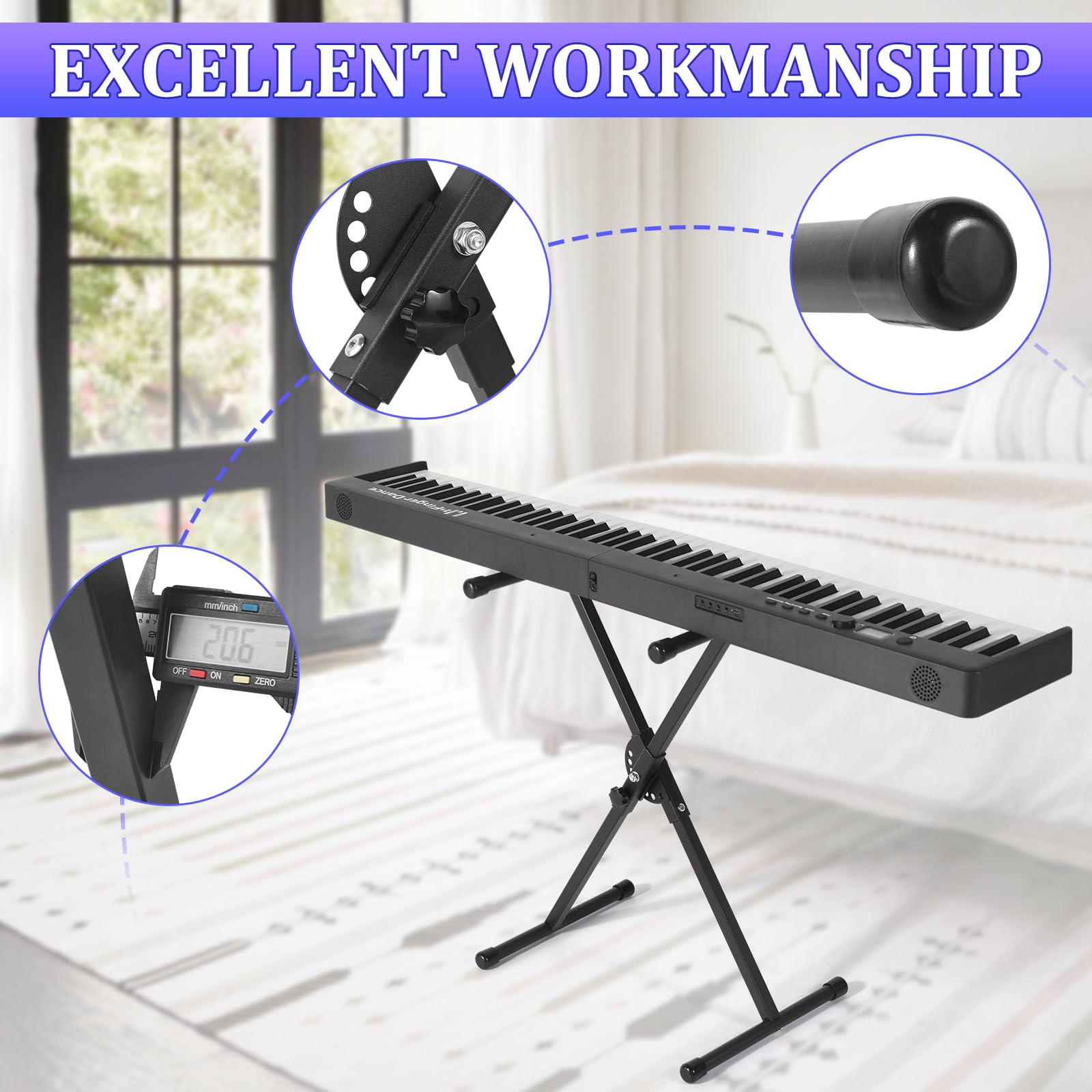 Keyboard-Ständer, zusammenklappbarer digitaler Klavierständer, robuste stabile Stahlkonstruktion, verstellbare Breite und Höhe mit Verriegelungsriemen, tragbarer, schlanker, schwarzer Ständer für