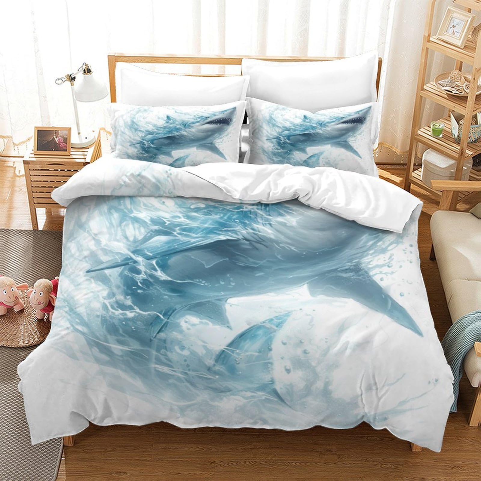 Housse de couette requin 3D pour lit simple 140x200 cm avec 2 taies