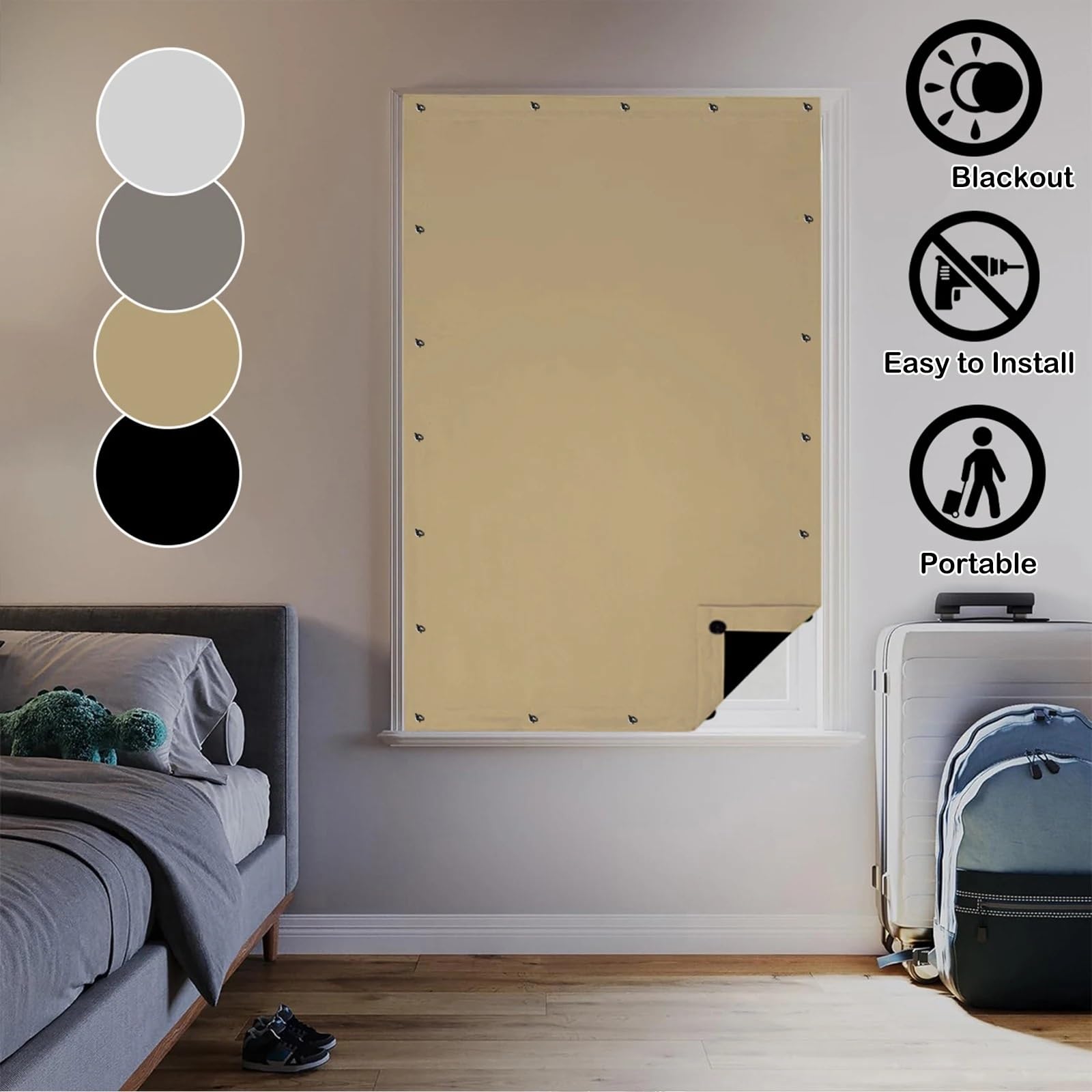 Verdunklungsrollo ohne Bohren Verdunkelungsvorhang for Fenster, mit Saugnäpfen, tragbar, abnehmbar, for Wohnzimmer, Schlafzimmer Verdunklungsrollo(Beige)