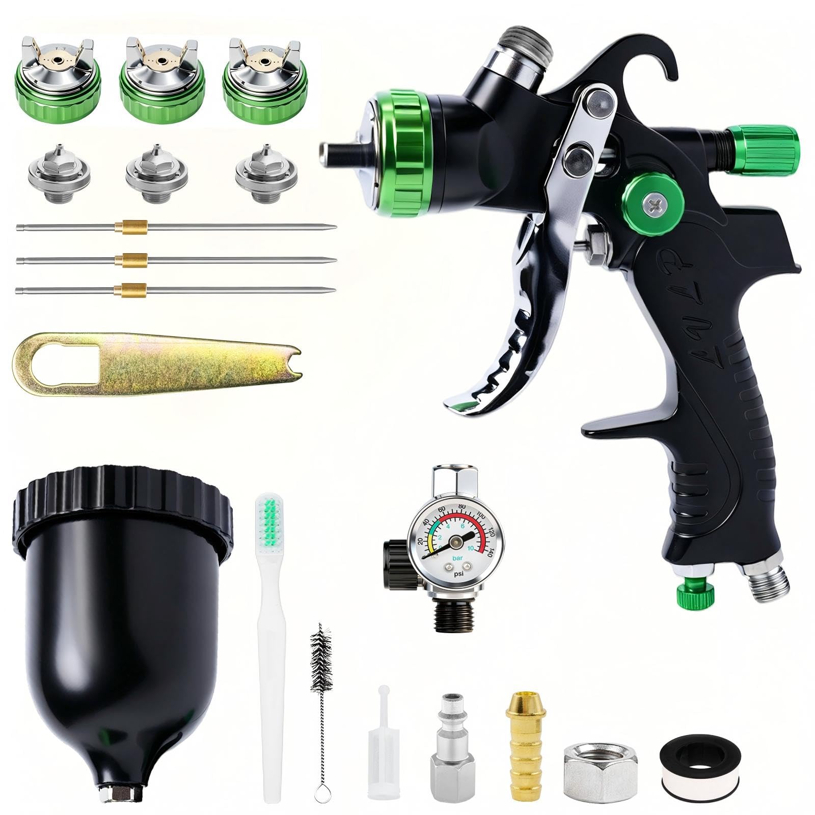LVLP Pistolet à Peinture Kit, éQuipé de Buses de 1,3/1,7/2,0 mm Et d'un ManomèTre, Kit de Pistolet à Peinture à Alimentation par Gravité, Adapté à La Peinture Automobile