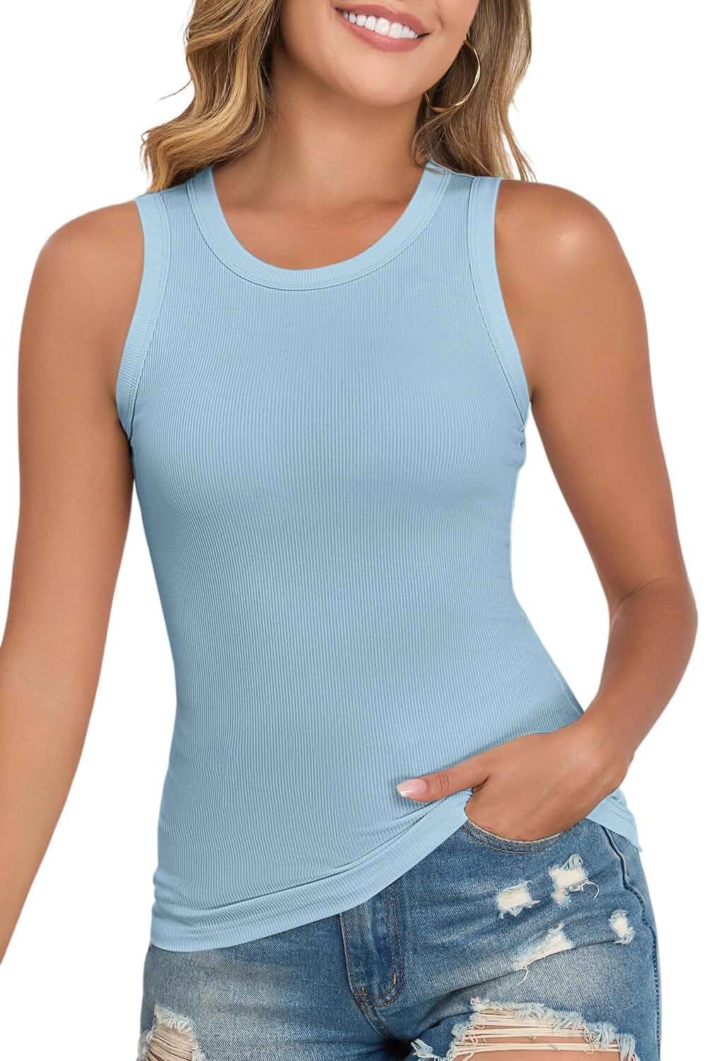Womens Casual Crew Neck Ribbed Tank Top Sleeveless Shirt Sleeveless