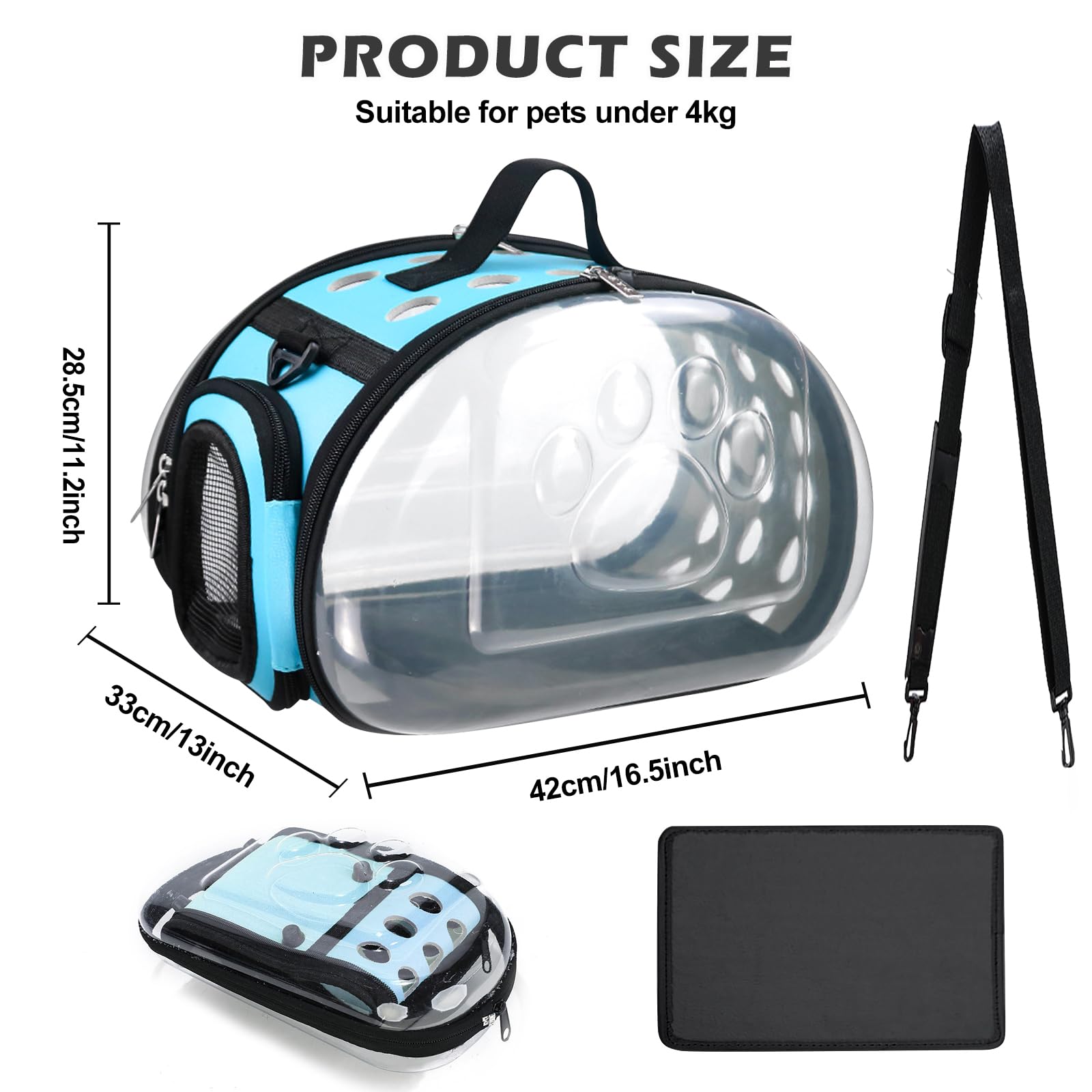 Sac de Transport pour Chat Transparent Pliable, Sac Transport Chat/Caisse de Transport Chat pour Chats et Petits Chiens Jusqu’à 5 kg, avec fenêtres et aérations, Port à la Main ou à l’épaule