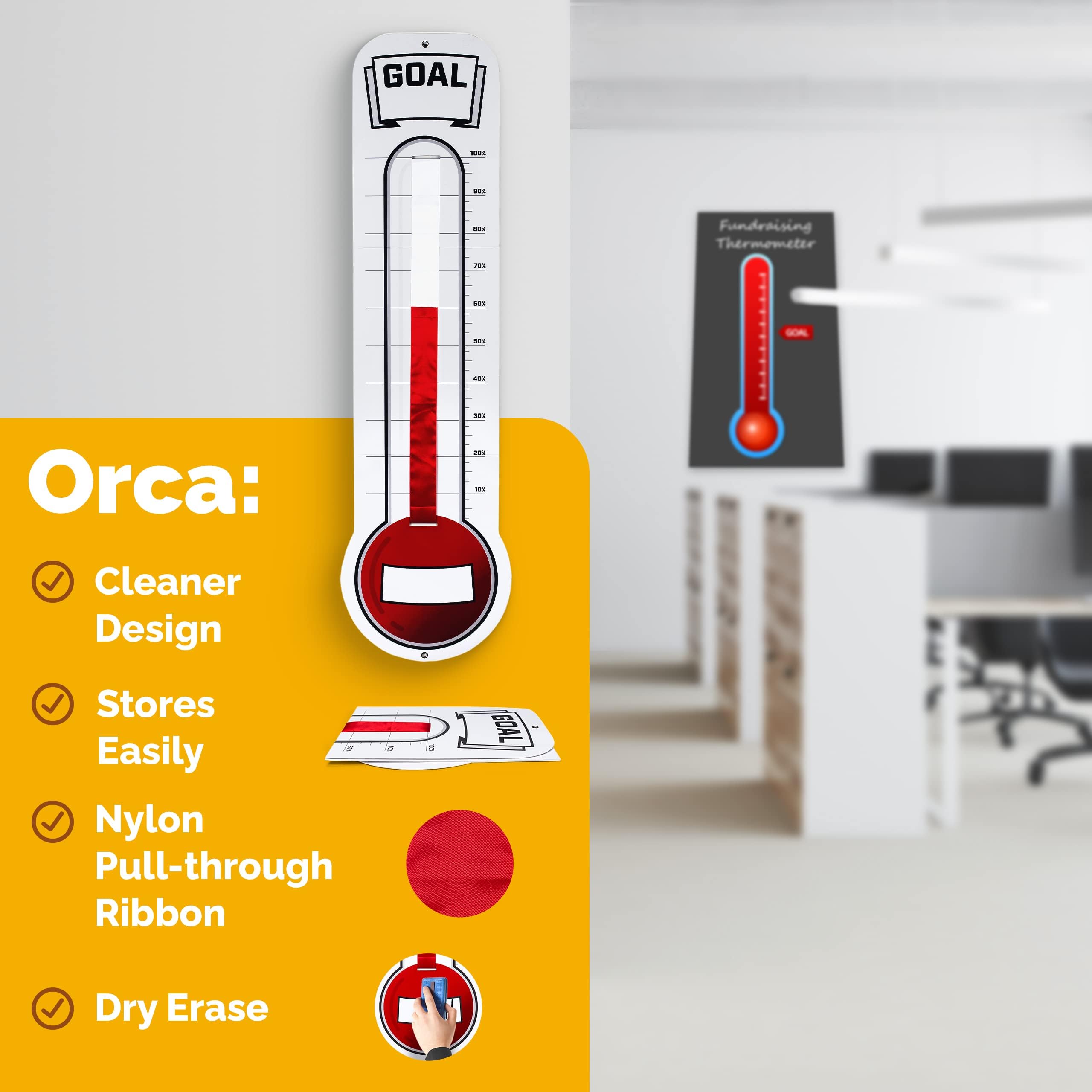 Orca Fundraising Thermometer Chart Goal Tracker | Dry Erase Goal Setting Wall Mounted Thermometer | Giant Sales Goal Board with Pull-Through Ribbon Progress Tracker (46” x 12”)