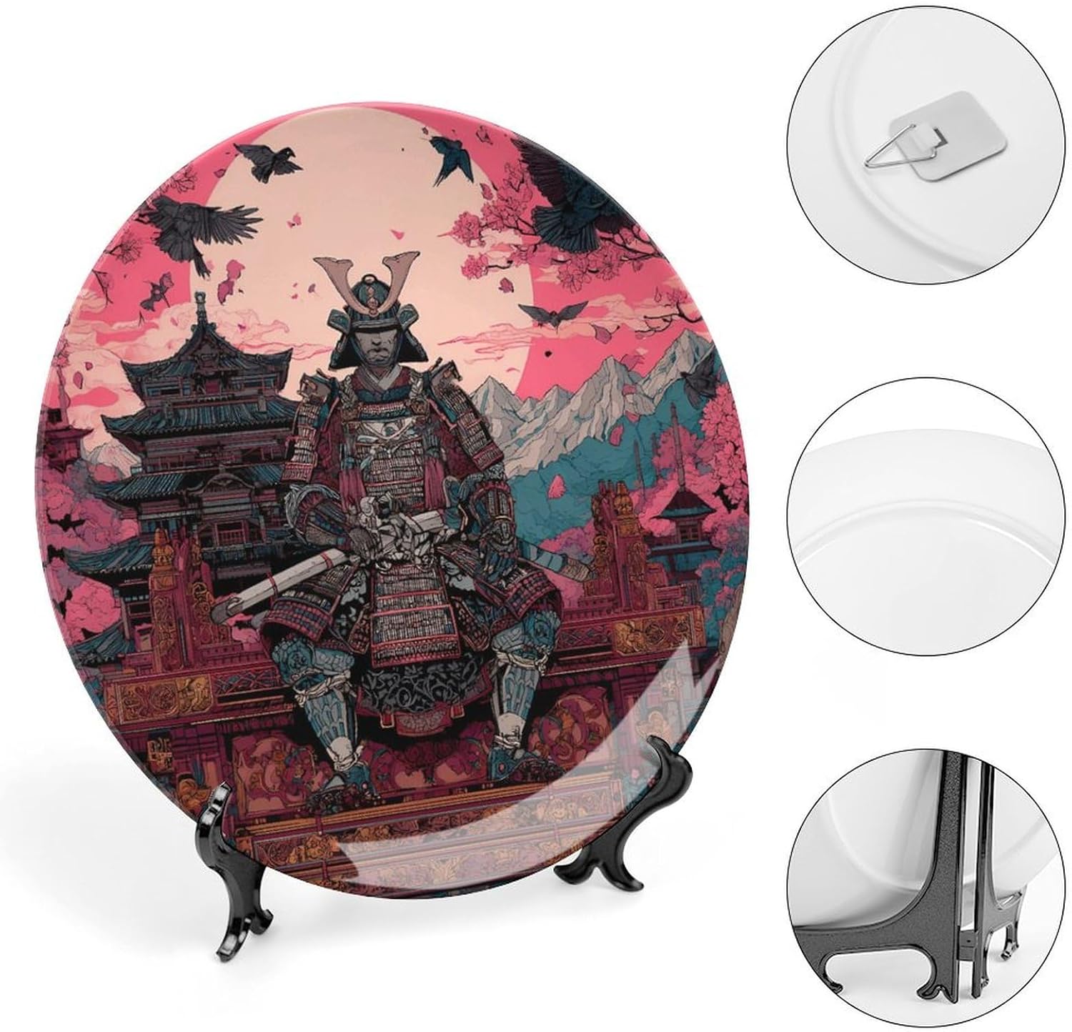 Japanese Samurai with Sword Armor Novelty Decorative Plate with Display Stand Ceramic Ornament Hanging Wall Decor