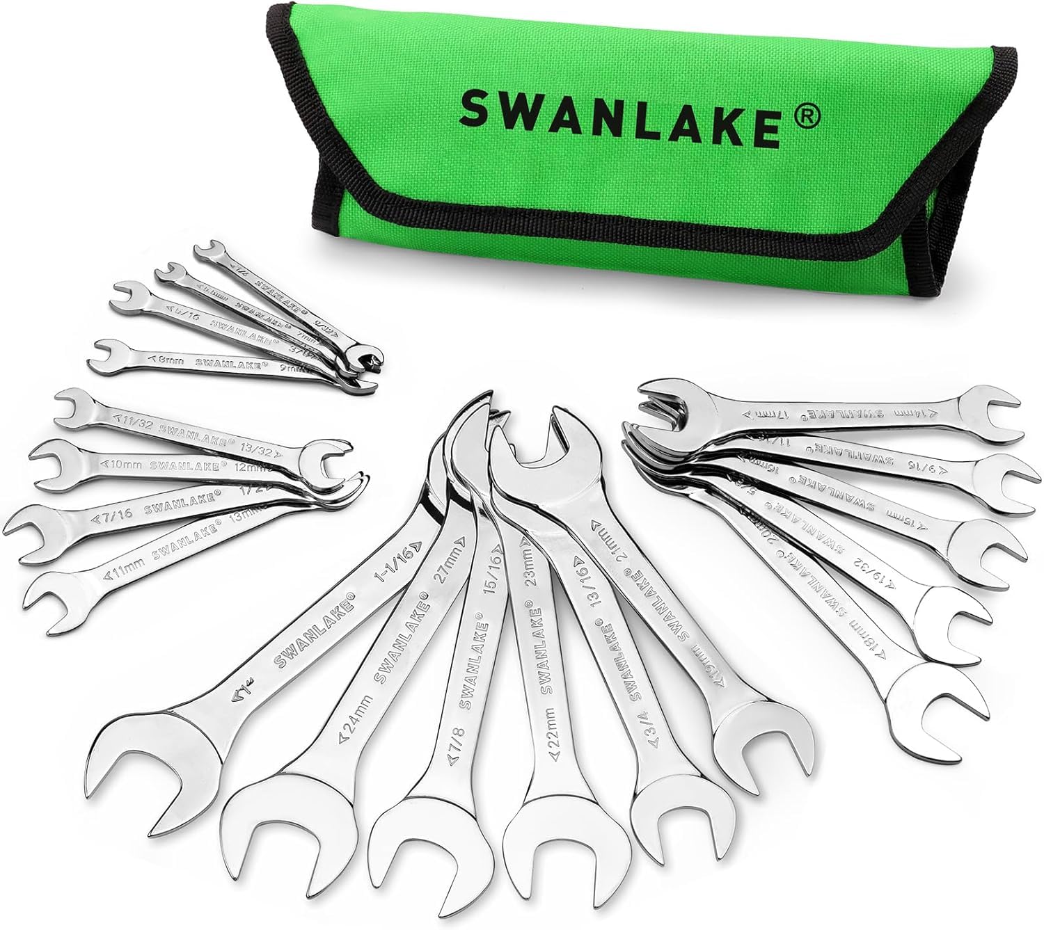 SWANLAKE 19Pcs Super-Thin Open End Spanner Set including Rolling Pouch, Carbon Steel SAE & Metric