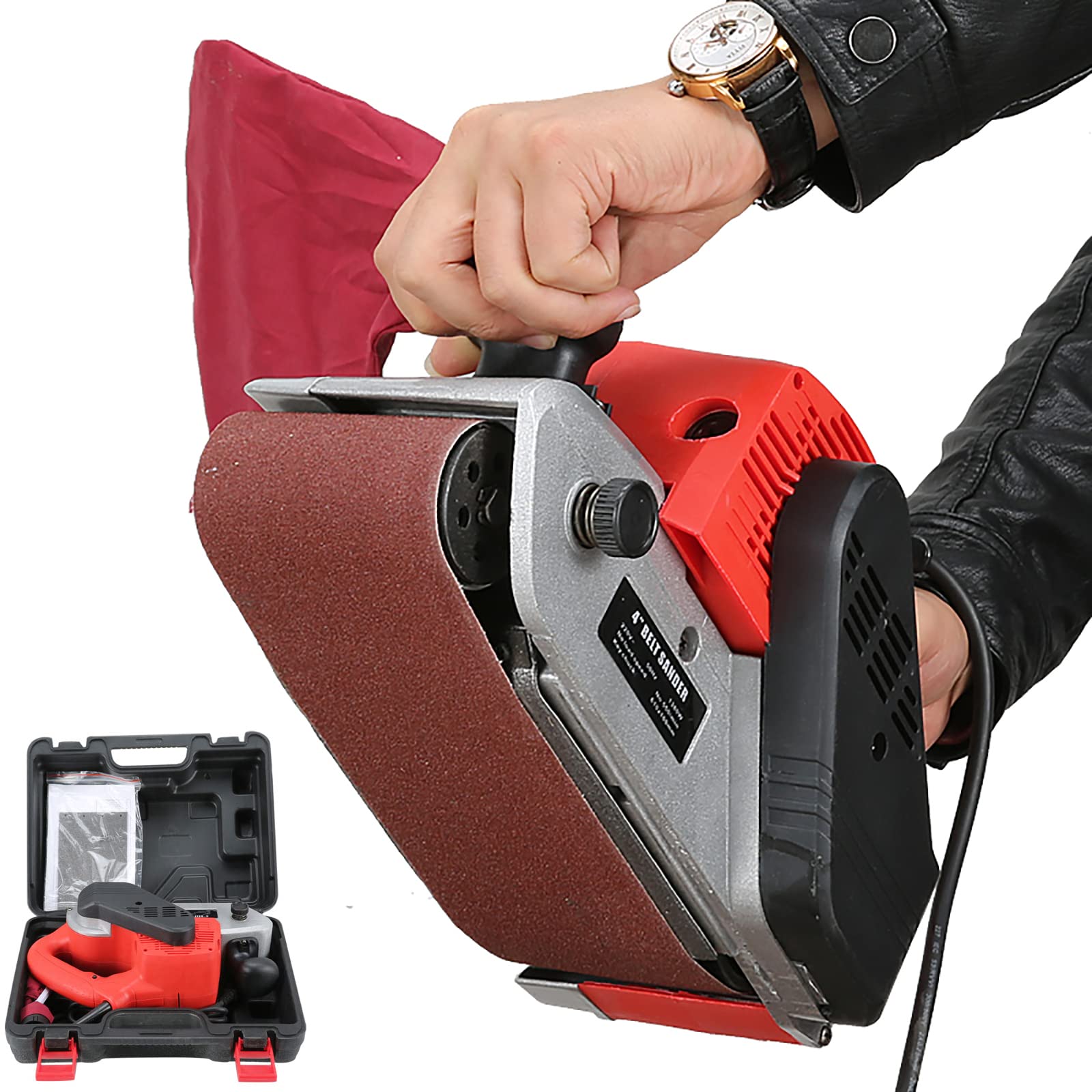KEhtu Lijadora De Banda De Mano, Lijadora De Superficie De 4 Pulgadas Y 1380 W con Maleta, Bolsa para El Polvo Y Papel De Lija, Función De Succión De Polvo para Evitar La Contaminación por Polvo
