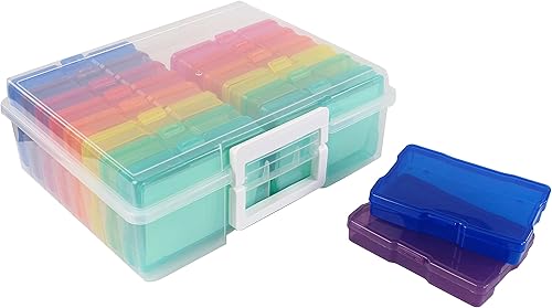 Jigitz Juego de cajas de almacenamiento de fotos coloridas con portador, 16 fundas de fotos organizadoras para fotos de 4 x 6 pulgadas, caja de