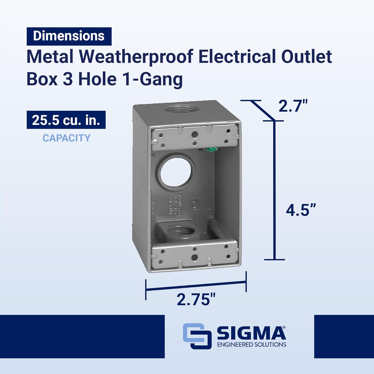 SIGMA ENGINEERED SOLUTIONS 14256 Metal Electrical Outlet Box, Weatherproof, Easy Mount Plug and Receptacle Protector, Gray, (3) 3/4-Inch Holes, 1 Gang Deep Box