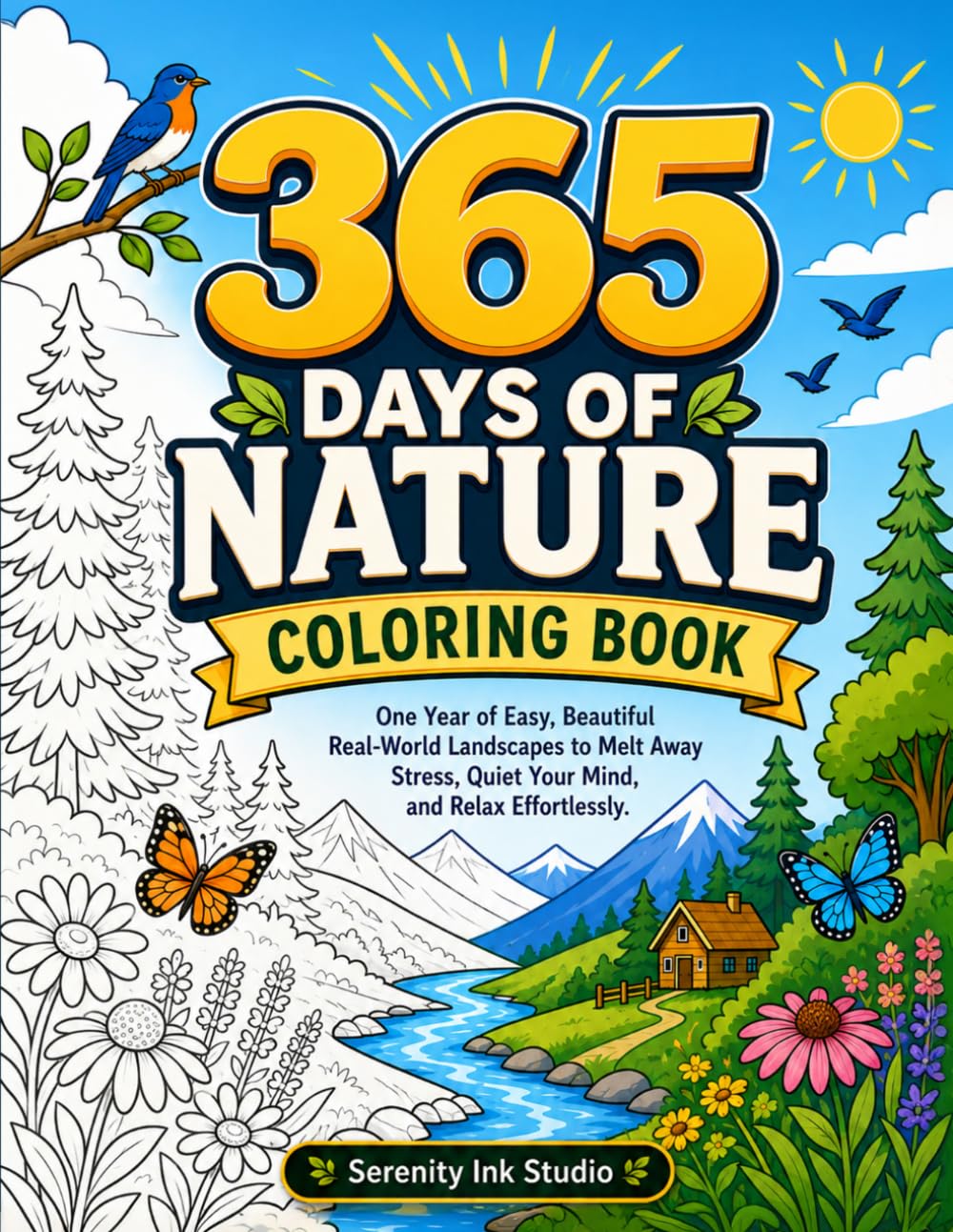 365 Days of Nature Coloring Book: One Year of Easy, Beautiful Real-World Landscapes to Melt Away Stress, Quiet Your Mind, and Relax Effortlessly