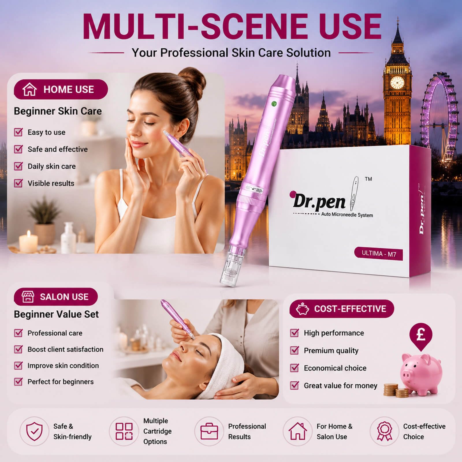 Dr. Pen M7 Beauty Pen Kit de soins de la peau rechargeable sans fil avec 28 cartouches (12 × 12 broches, 10 × 36 broches, 6 × NanoR), contrôle LED à 5 vitesses, corps en aluminium rose pour une peau