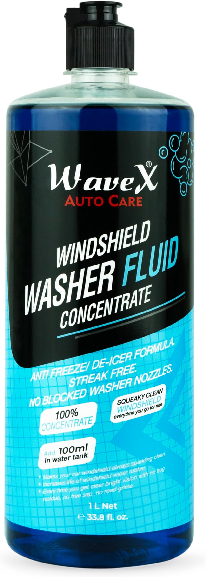 Wavex Windshield Washer Fluid for Car 1000ml | Car Windshield Cleaner Add 20ml in Windshield Tank | Streak-Free, Crystal Clear Finish with Car Wiper Liquid