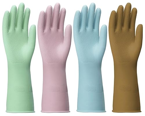 Guantes de goma para lavar platos  4 pares de guantes de limpieza reutilizables para cocina y baño, impermeables y antideslizantes (grande)