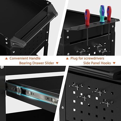 Miniatura 6 de Carro de herramientas rodante de 3 niveles con cajones, carrito utilitario resistente con ruedas, carrito de servicio de gran capacidad de