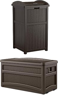 Suncast 73 Gallon Deck Box w/Seat & Trash Hideaway Outdoor Garbage Bin, Java