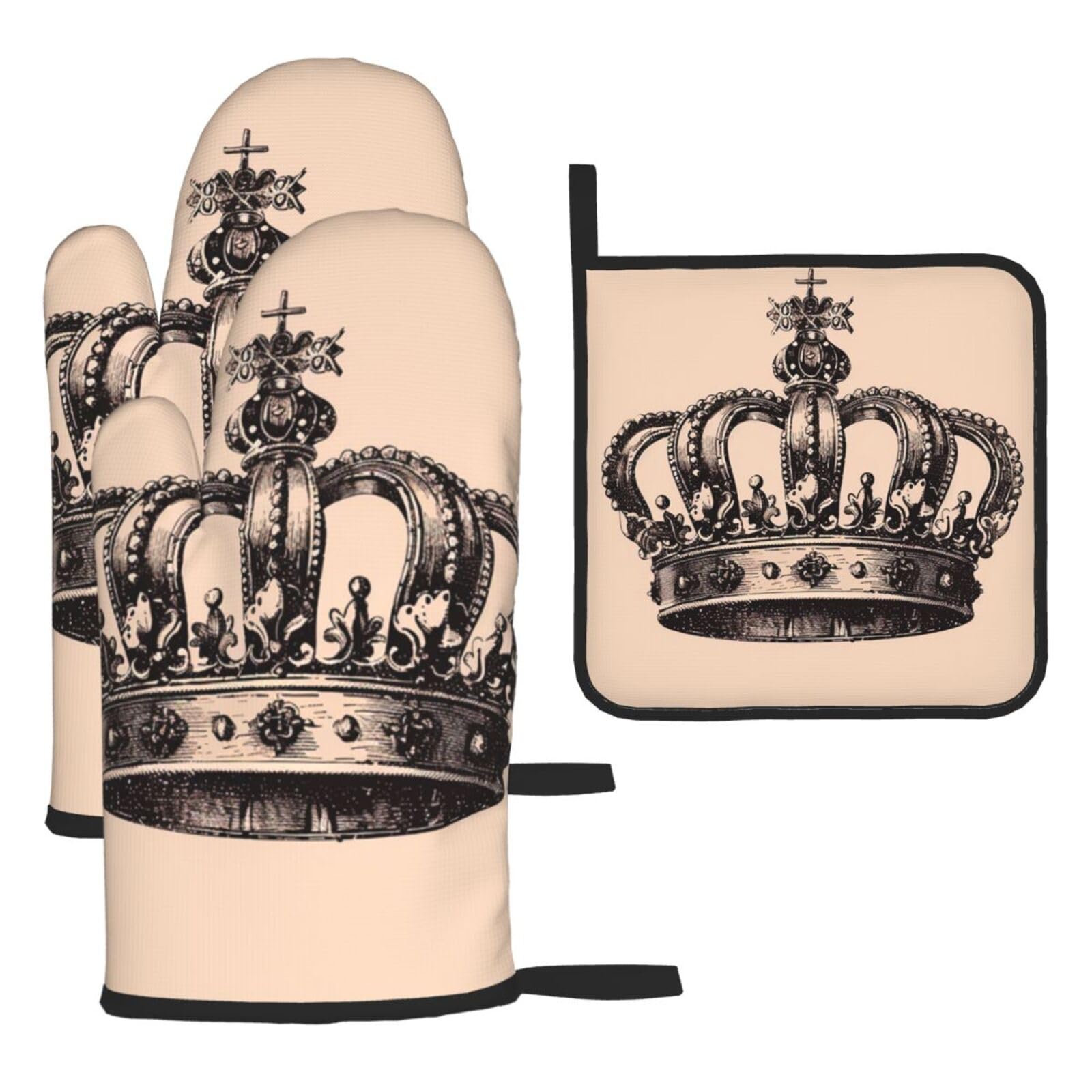 Oven Mitts and Pot Holders Set of 3 Heat Resistant Non-Slip Kitchen Gloves Hot Pads Hand Drawn Crown Oven Mitts Kitchen Mittens Gloves Non-Slip Potholders for Cooking Baking Grilling BBQ