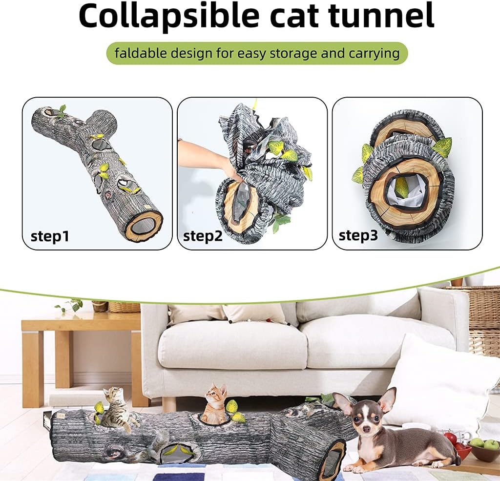 Cat Tunnel Tube 3 Way Collapsible Play Tent Maze House for Rabbit Small Animals，Collapsible Cat Tunnel Cat ToysTree Pattern Hideaway Crinkle Tunnel for Small Pet.L8