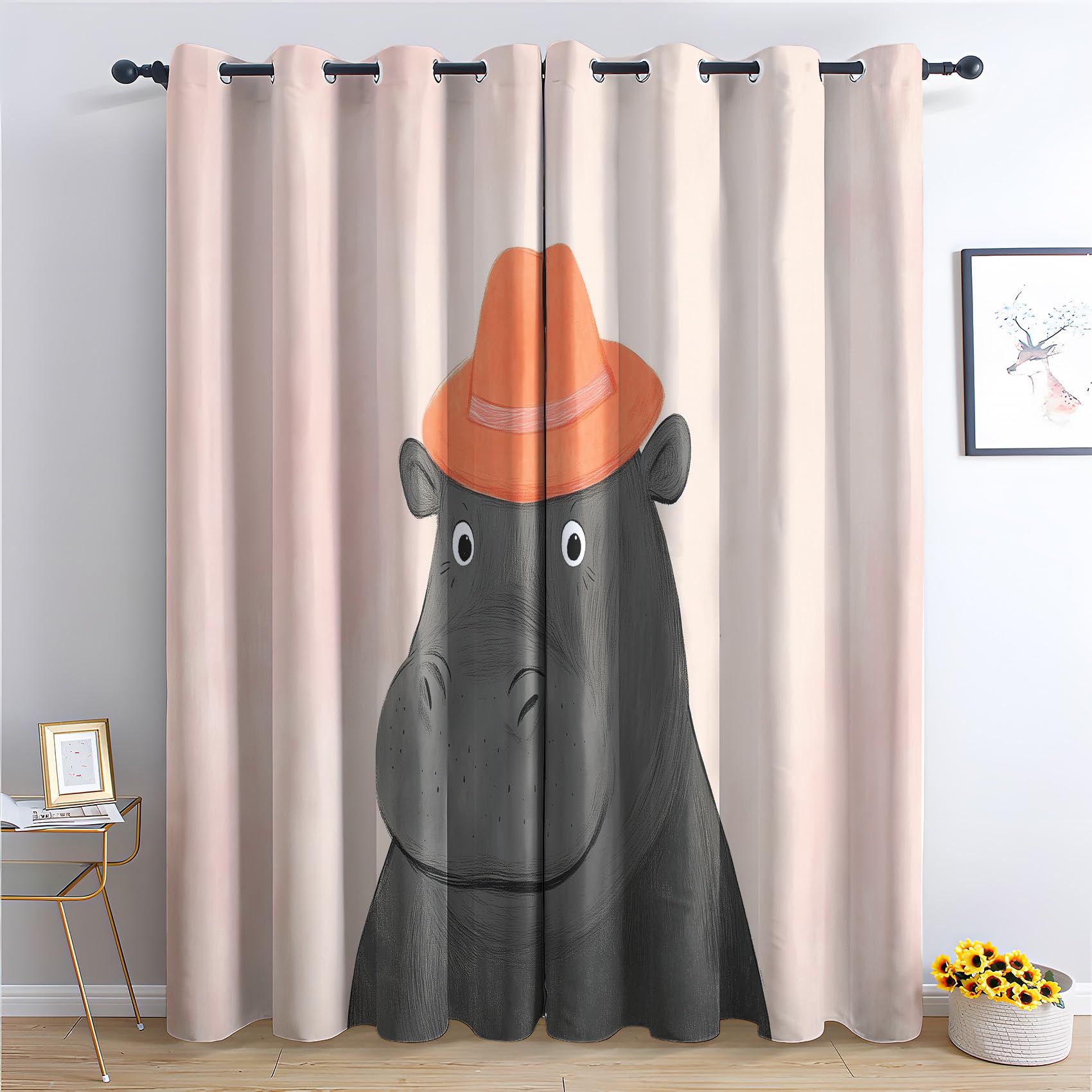 Luxfieo Hippo Blackout Curtains for Living Room Bedroom - 108 Inch Drop Curtains 90x108, Kids Cartoon Animal Hippopotamus Patterned Window Treatments, Thermal Eyelet Drapes 2 Panels T#271