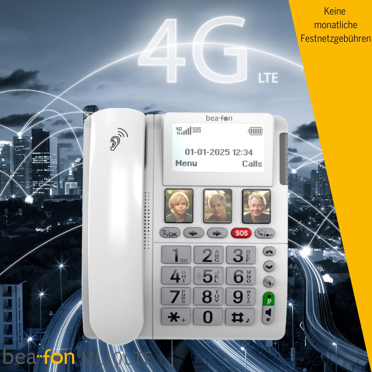 beafon, Silverline, ML10, telefono da tavolo, LTE (4G), con pulsante di emergenza SOS, con cinturino SS, HAC M4/T4, 3 tasti a scelta rapida (simboli o foto), numeri XXL, funzione vivavoce,