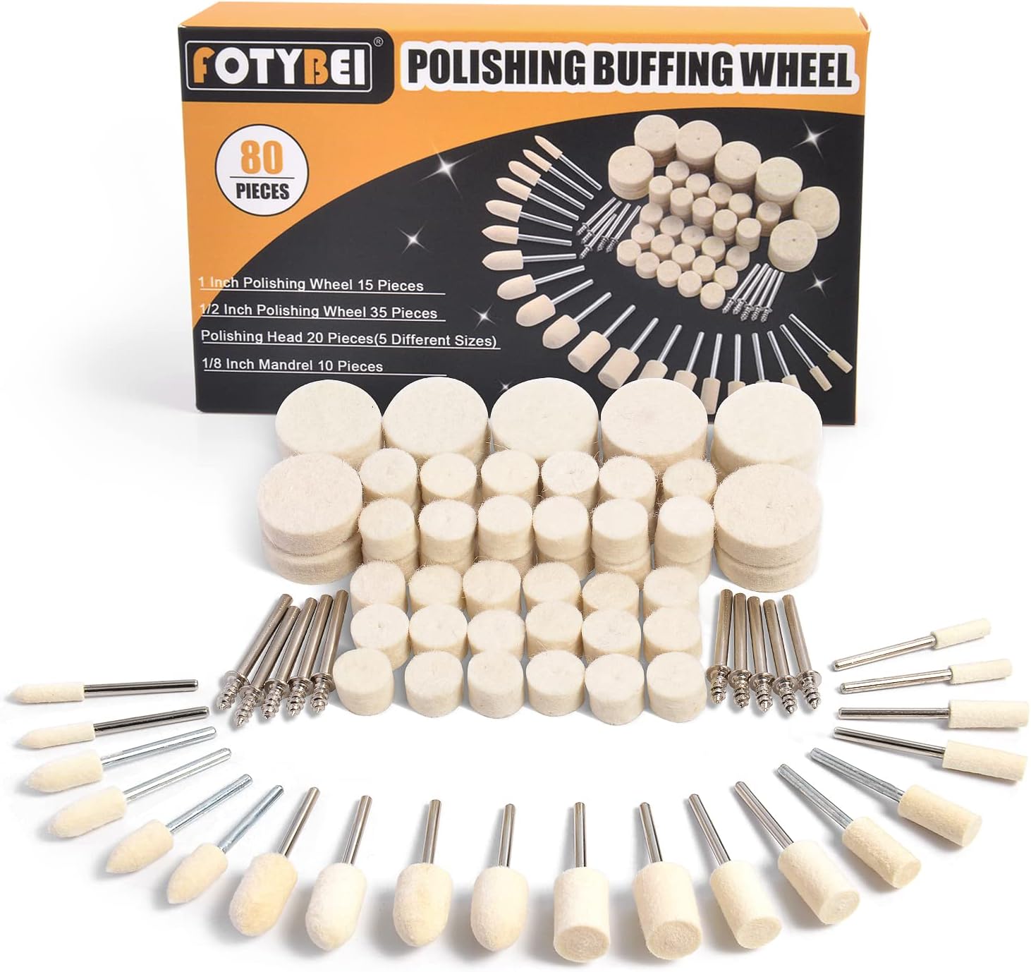 80PCS Polishing Buffing Wheel for Dremel Polishing Kit, Wool Felt Polishing Wheel for Dremel Rotary Tool Accessories, with 1/8" Shank for Jewelry Metal Polishing