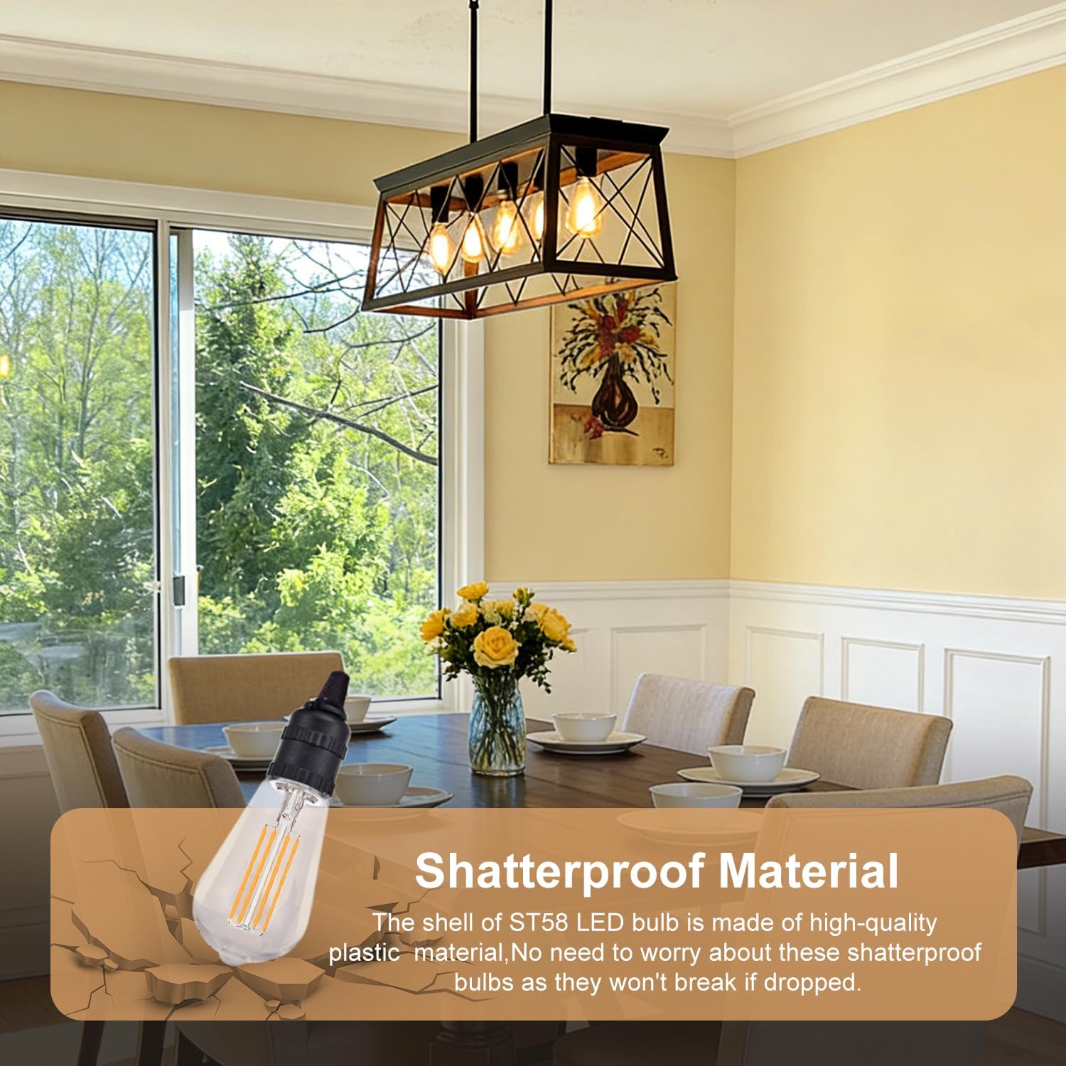 4 Pack Vintage LED Edison Bulbs, 6W Equivalent 60W, Non-Dimmable, Warm White 2700K, 800Lumens, ST58 Antique LED Filament Bulbs with 80+ CRI, E26 Base Shatterproof Clear Plastic Light Bulb.