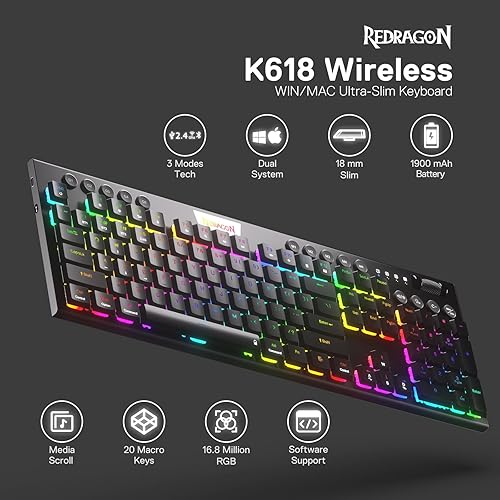Miniatura 2 de Redragon K618 PRO Teclado mecánico RGB inalámbrico de 3 modos, BT2.4GhzTeclado para juegos de bajo perfil WinMac con diseño ultrafino, control de