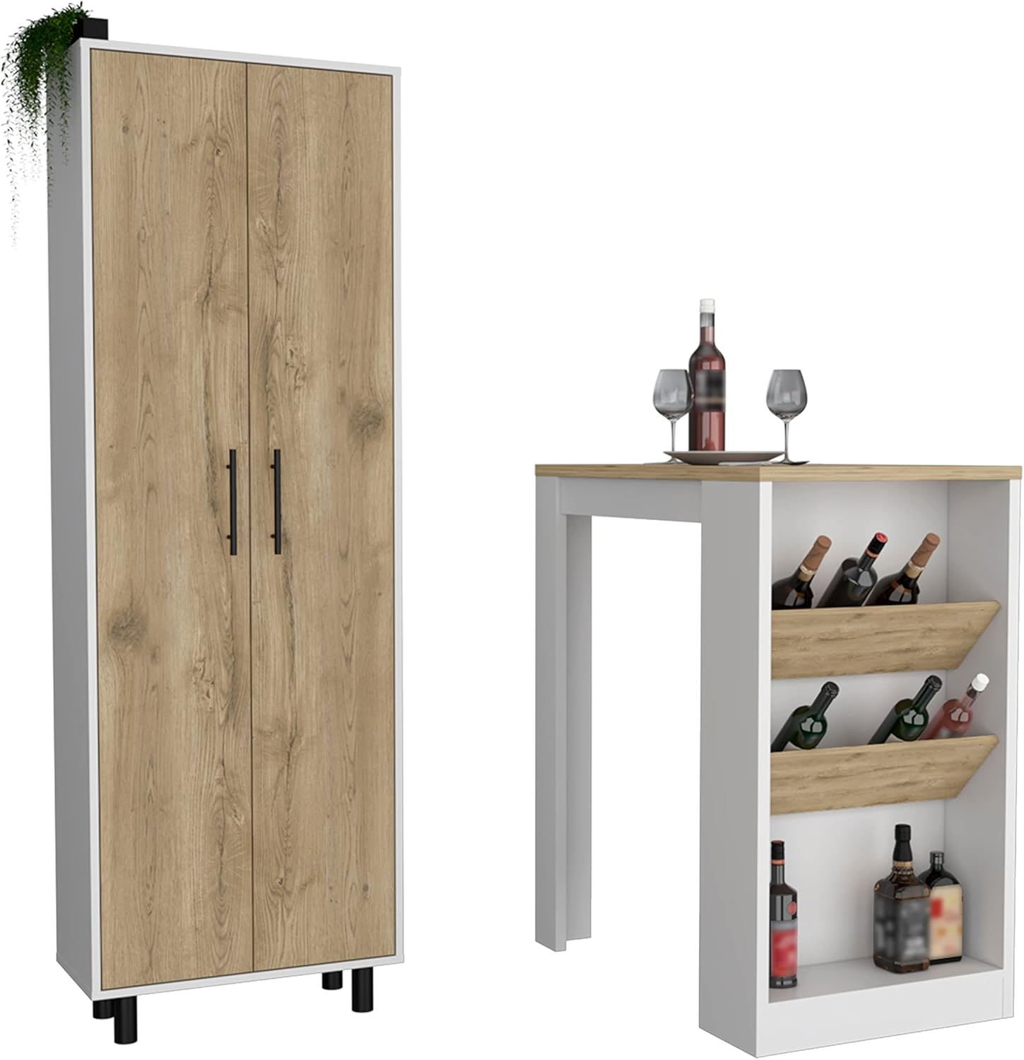 Reston 2 Piece Kitchen Set, Kitchen Island + Pantry Cabinet, White/Light Oak