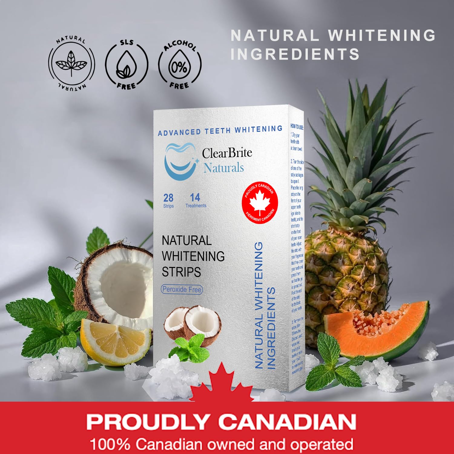 Proudly Canadian ClearBrite Naturals Whitening Strips, Peroxide Free, Coconut Mint Flavour, Natural Active Ingredients, 28 Strips (14 Treatments) - 4