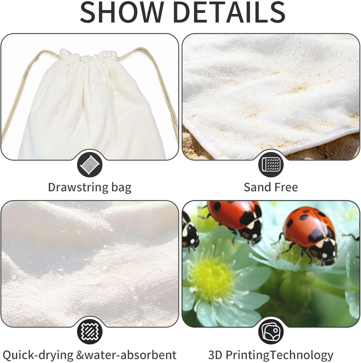 2 in 1 Packable Towel Bag,Soft Absorbent Pool Towels Backpack Quick Dry Lightweight Beach Towels Summer Ladybird Flowers Drawstring Bag for Travel Camping Sports Picnic image 4
