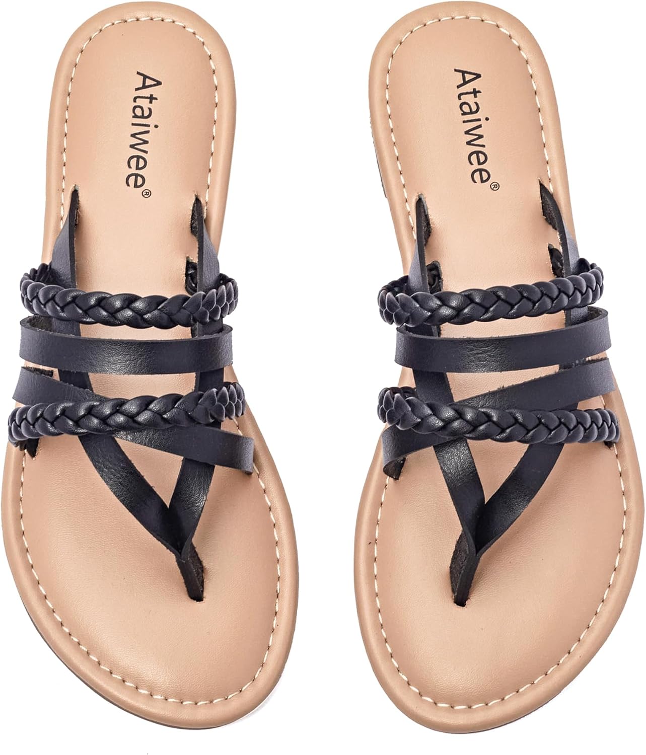 Ataiwee Women's Casual Flat Slide Sandals - Dressy Comfortable Criss Cross Strappy Summer Sandals,Open Toe Multi Strap Beach Flat Thong Sandals.