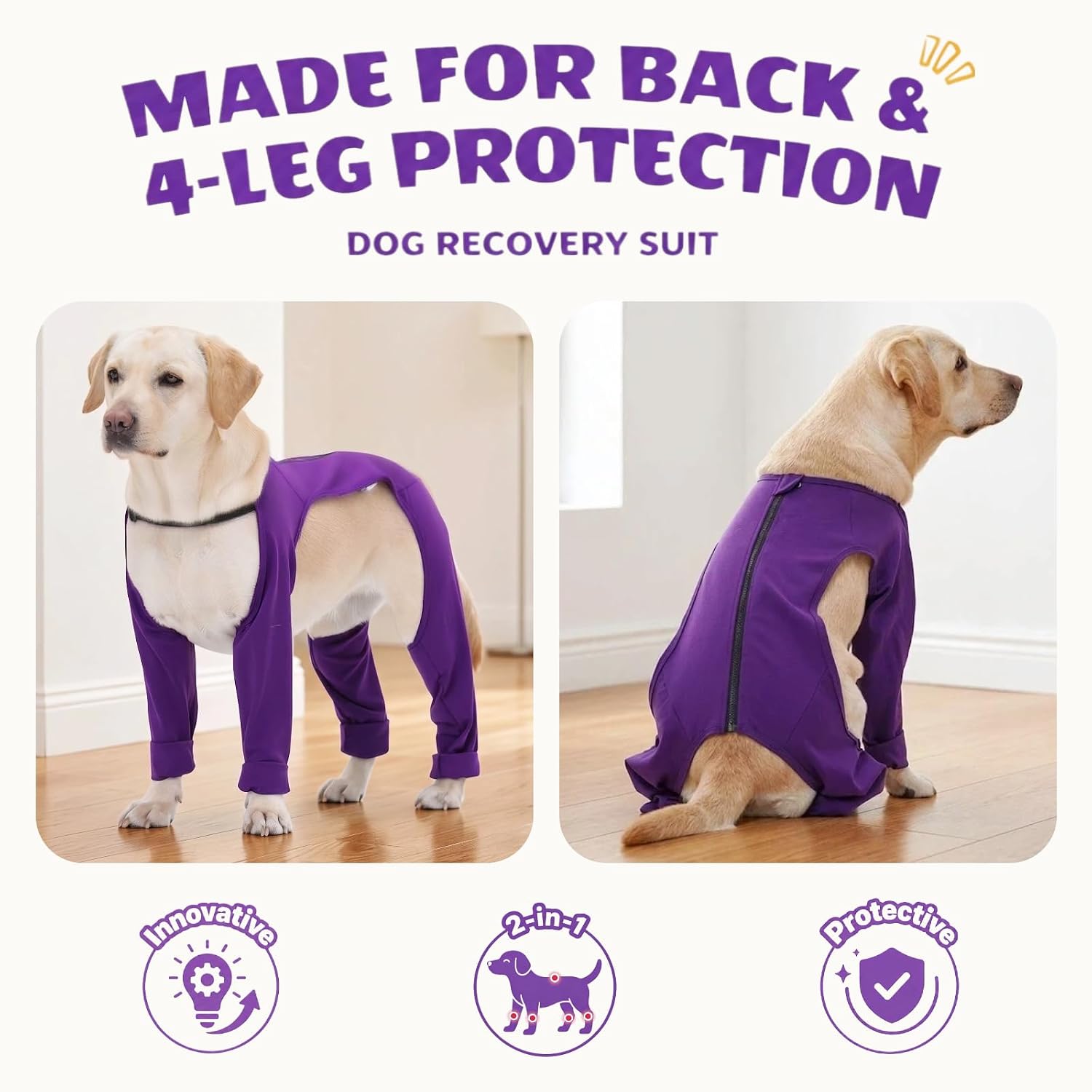 4-Leg Dog Surgery Recovery Suit & Outdoor Dust Pants, Cooling Touch Surgical Suit for Dogs, Lick Sleeve for Dogs Rear Leg to Stop Licking, Large Breeds Dog Post Onesie for Front & Back Leg, Purple, XL