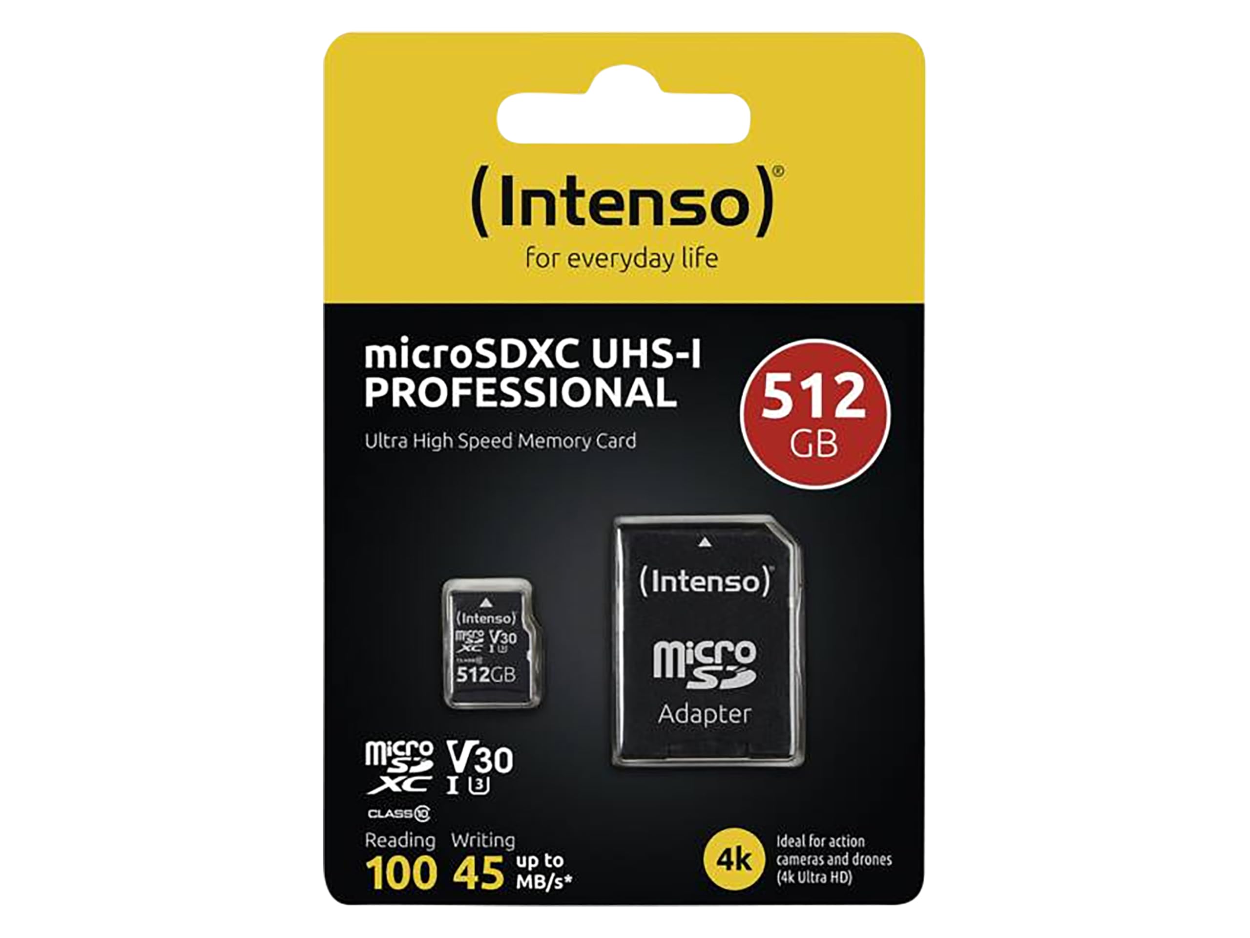Intenso Carte mémoire microSDHC Professionnelle 512 Go Classe 10 UHS-I, U3, V30 avec Adaptateur SD, pour Enregistrement 4K, GoPro, Insta 360, DJI, Osmo, Steam Deck, Drone, caméra d'action, Noire