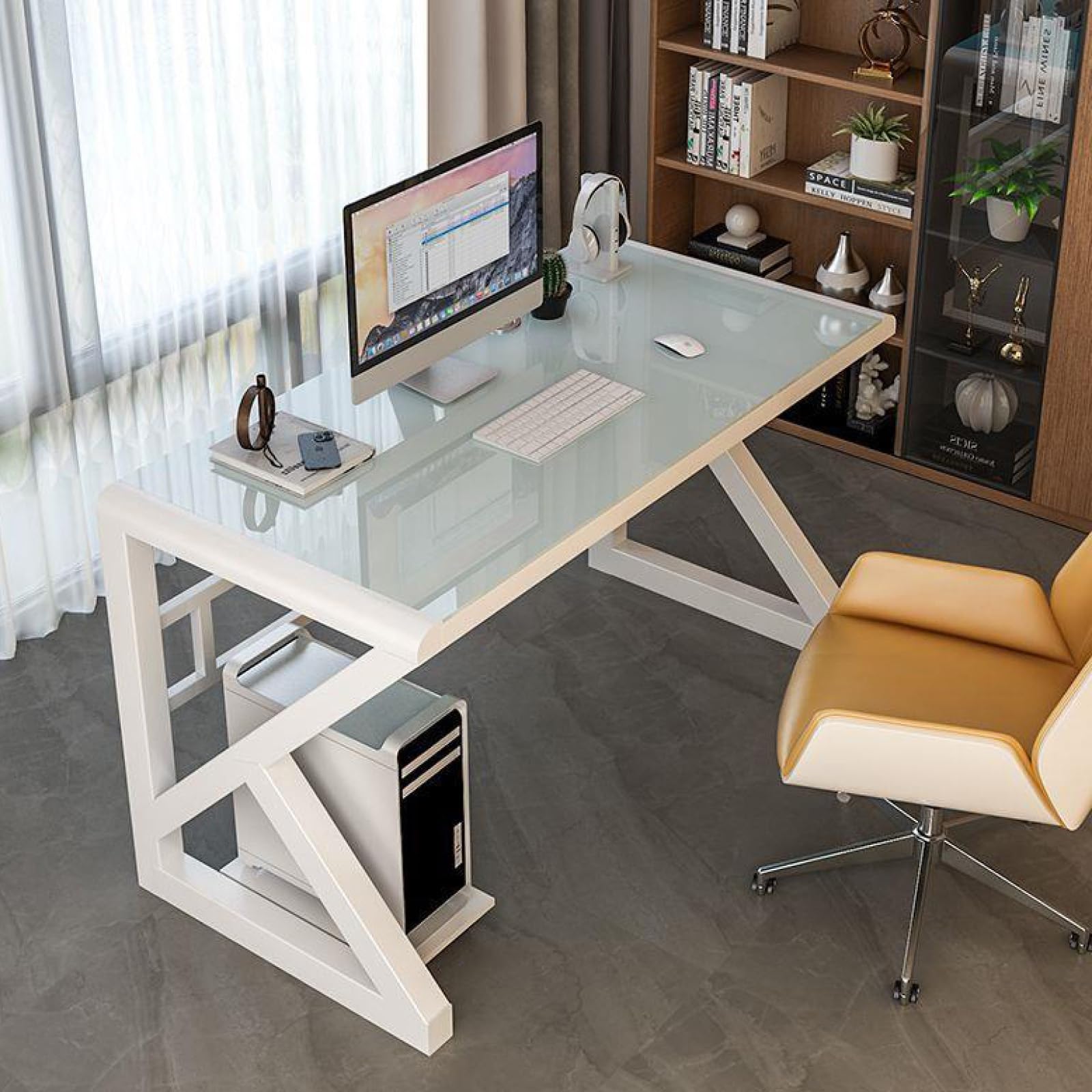 MESCXTY Tempered Glass Computer Desk, Modern Home Office Desk Gaming Writing Study Table Workstation for Office(120CM, White)
