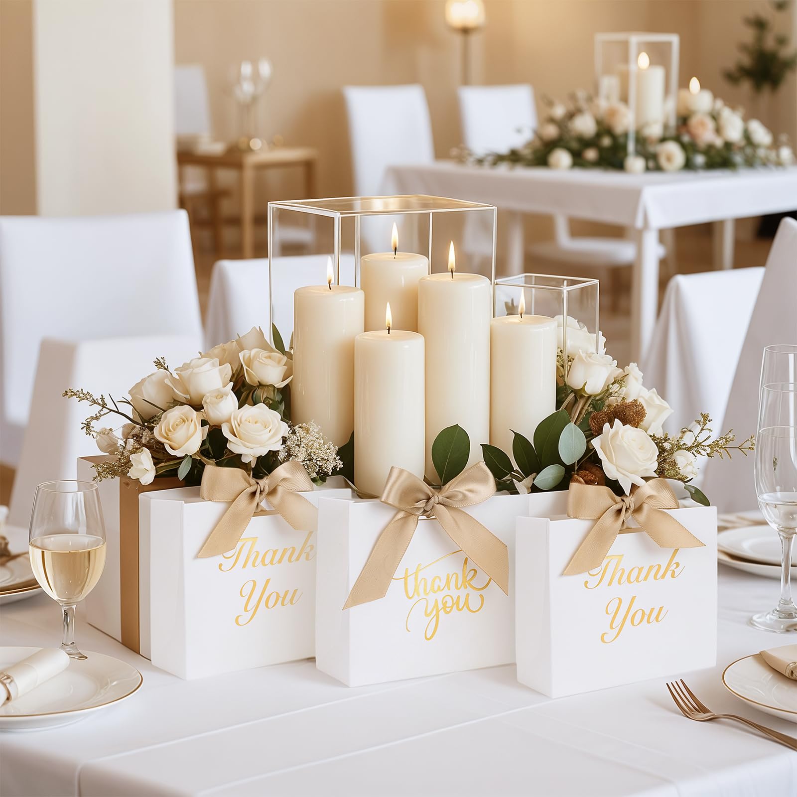 VGOODALL 24PCS Thank You Gift Bags,White Party Favor Bags with Bow Ribbon Mini Candy Boxes for Wedding Bridal Baby Shower Birthday Party