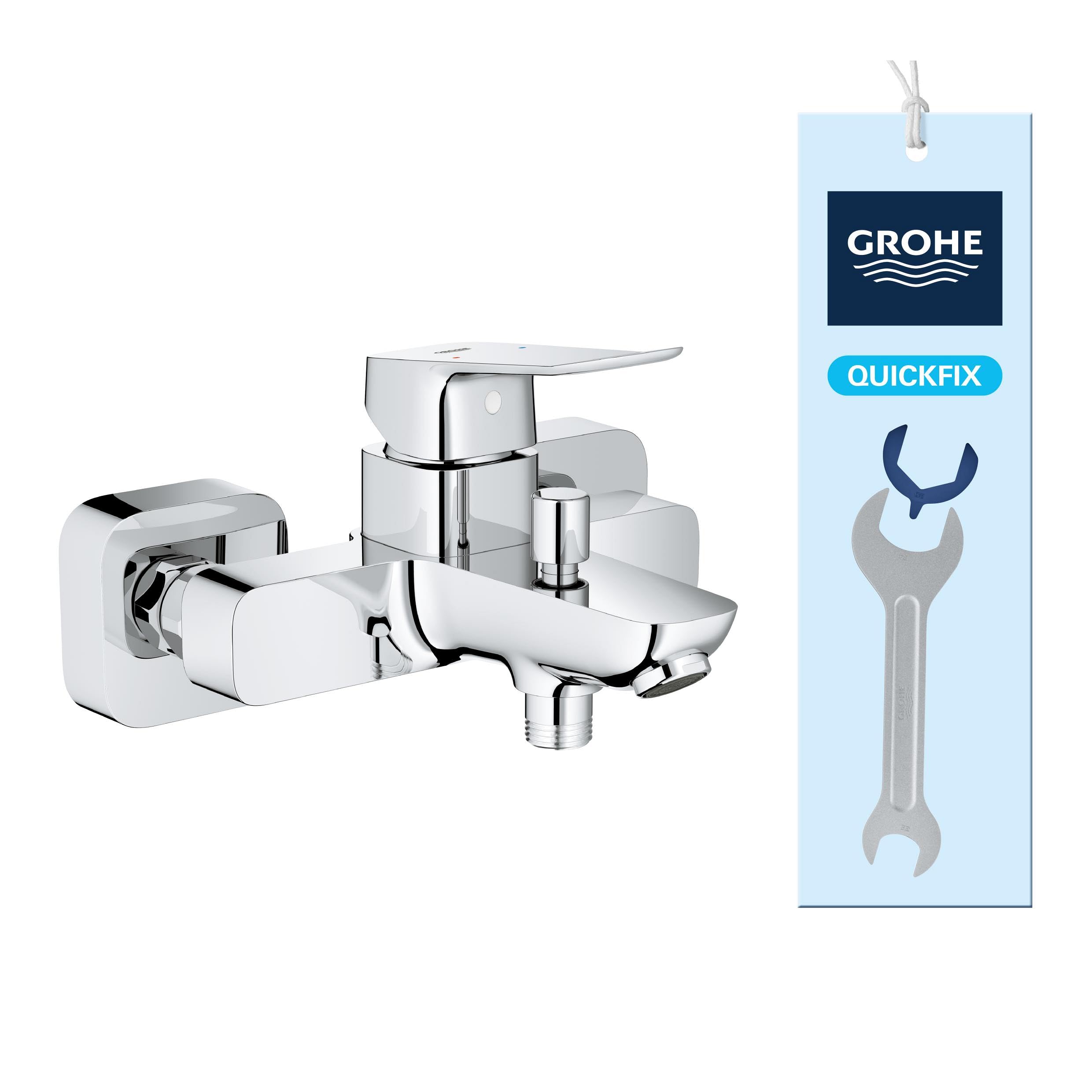 GROHE Dice, Badewannenarmatur, mit Werkzeug (Duscharmatur für die Badewanne, Mischbatterie mit automatischer Umstellung Wanne/Brause, mit integriertem Rücklaufventil), chrom, 1018720000