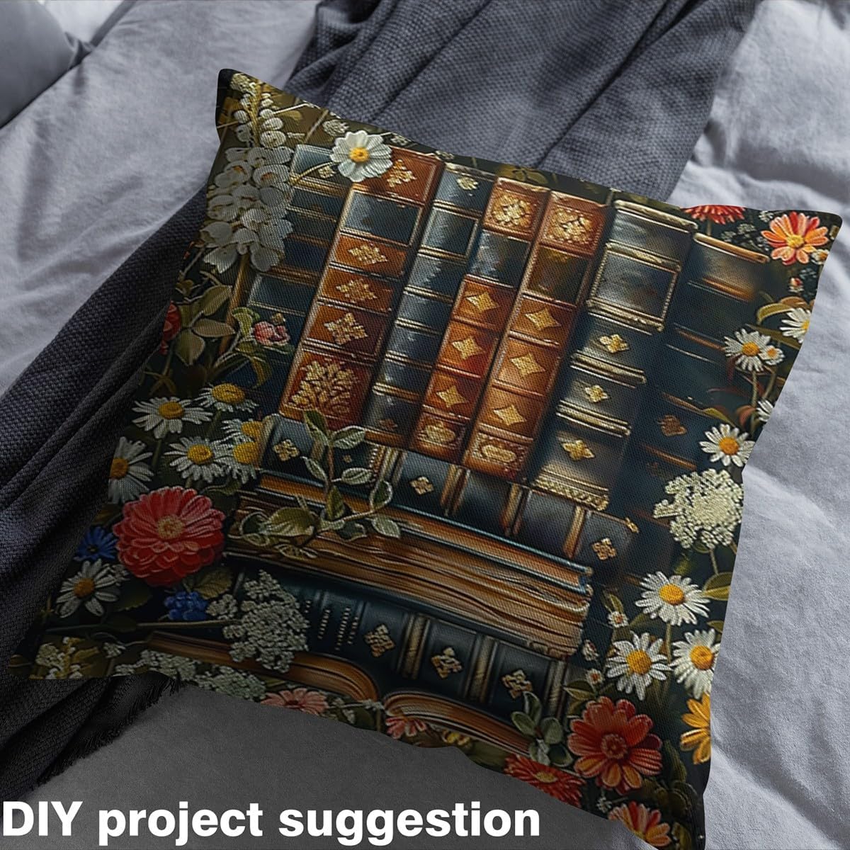 Erosebridal Bookshelf Fabric by The Yard,Vintage Bookcase Books Waterproof Fabric,Retro Daisy Flowers Floral DIY Art Decor for DIY Upholstery and Room Decor,Brown White,2 Yards