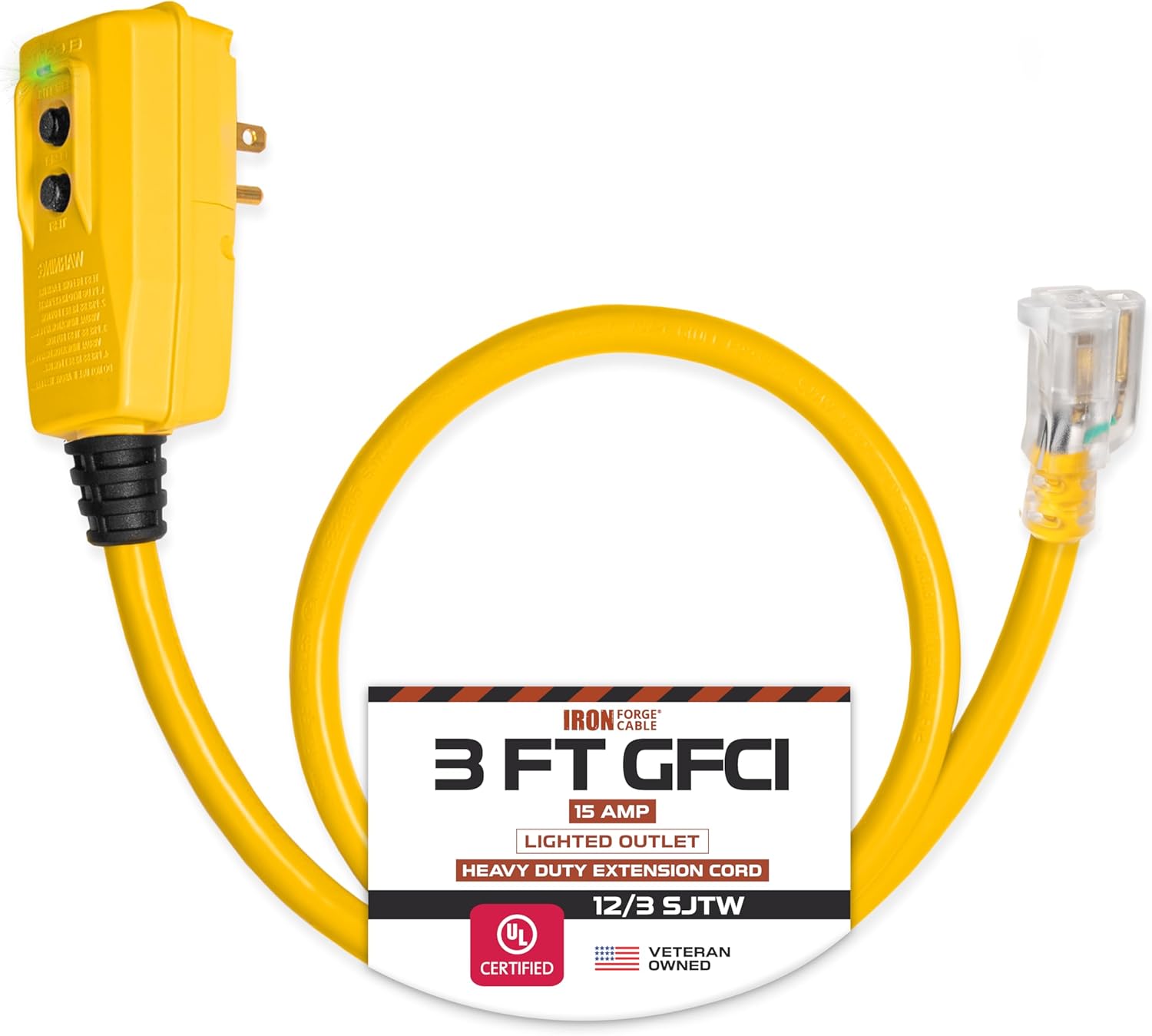 Iron Forge Cable 3ft Lighted Outdoor GFCI Extension Cord - 12/3 SJTW Yellow Heavy Duty Extension Cord with 3 Prong 15 Amp Grounded Plug for Safety