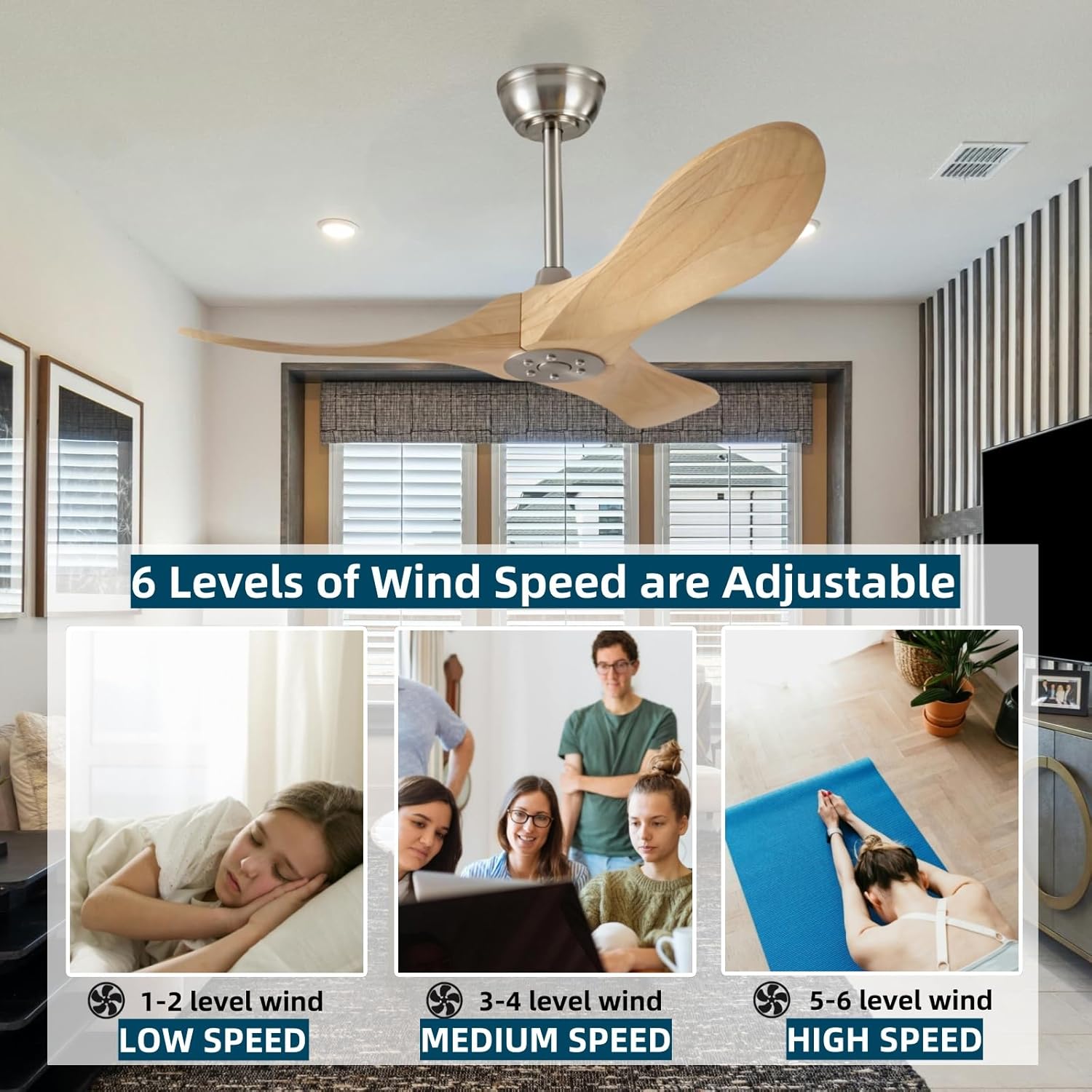 36 Inch Wooden Ceiling Fan Without Light With Remote Control, 3 solid wood fan blades Ceiling Fan for Indoor, Living Room, Dining Room, Bedroom, Terrace, Porch(Brushnickle+Natural Wood, 36 inch)