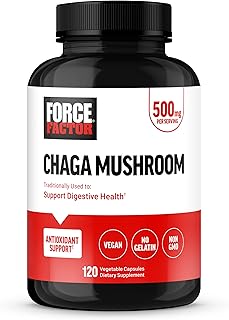 Force Factor Chaga Mushrooms Capsules, Mushroom Supplement to Support Gut Health and Digestion, Made from Real Mushrooms, Vegan, Non-GMO, 120 Capsules