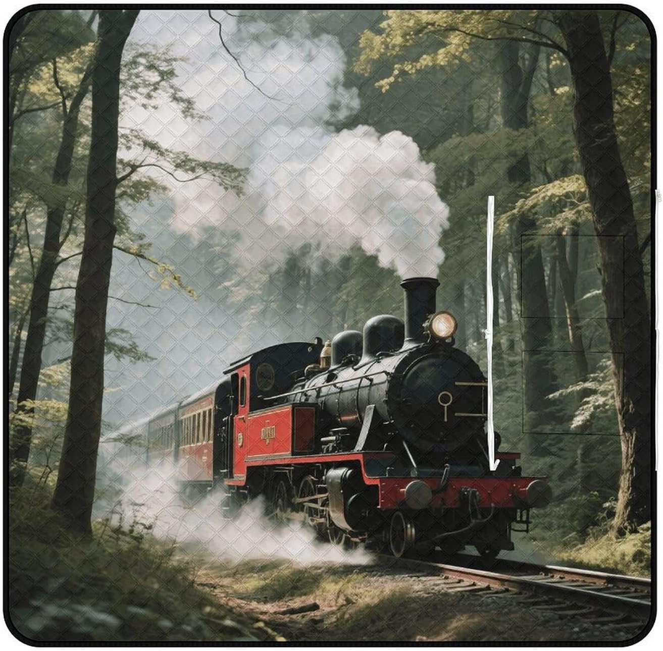 Steam Train Picnic Blanket 200x200cm, Foldable 2-in-1 Picnic Mat and Tote Bag Portable Waterproof Beach Mat Sandproof Outdoor Blanket for Park, Hiking, Beach, Camping, Travel