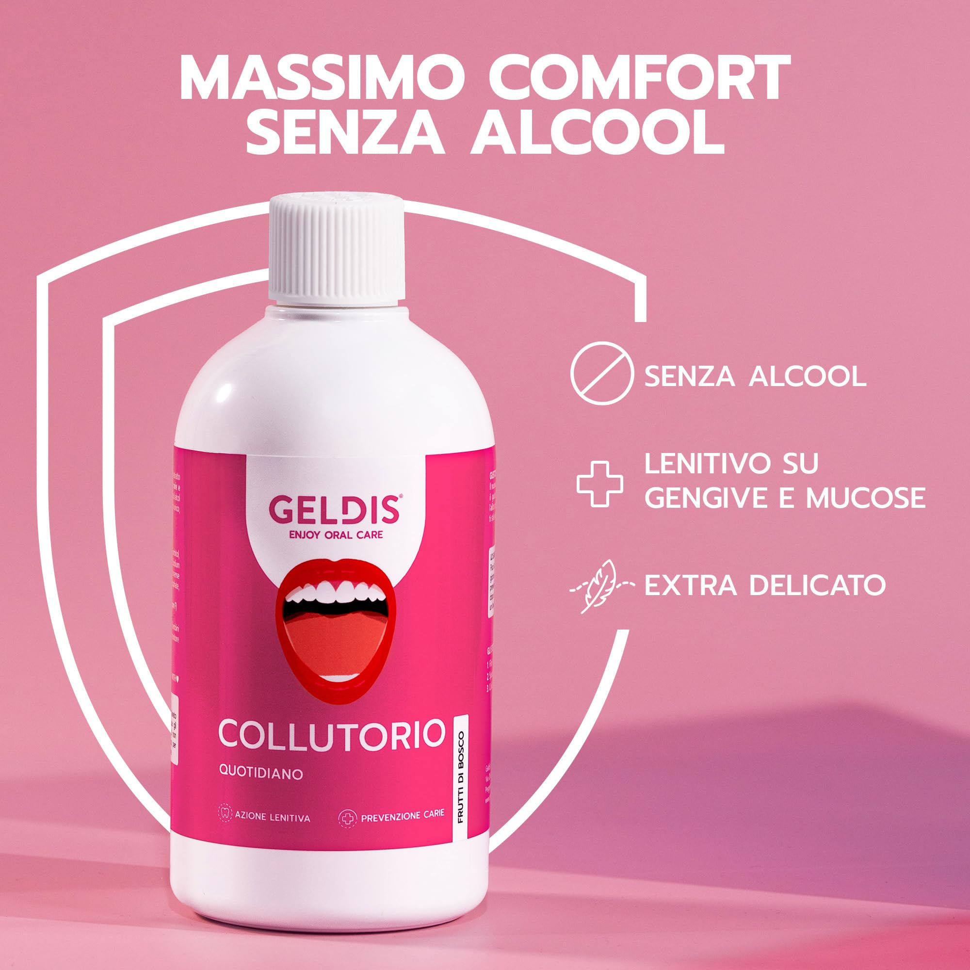 GELDIS Collutorio senza Alcool, Uso quotidiano con Fluoro, Aloe Vera ed Equiseto, Protezione contro Carie e Azione Lenitiva Senza Coloranti, 500 ml