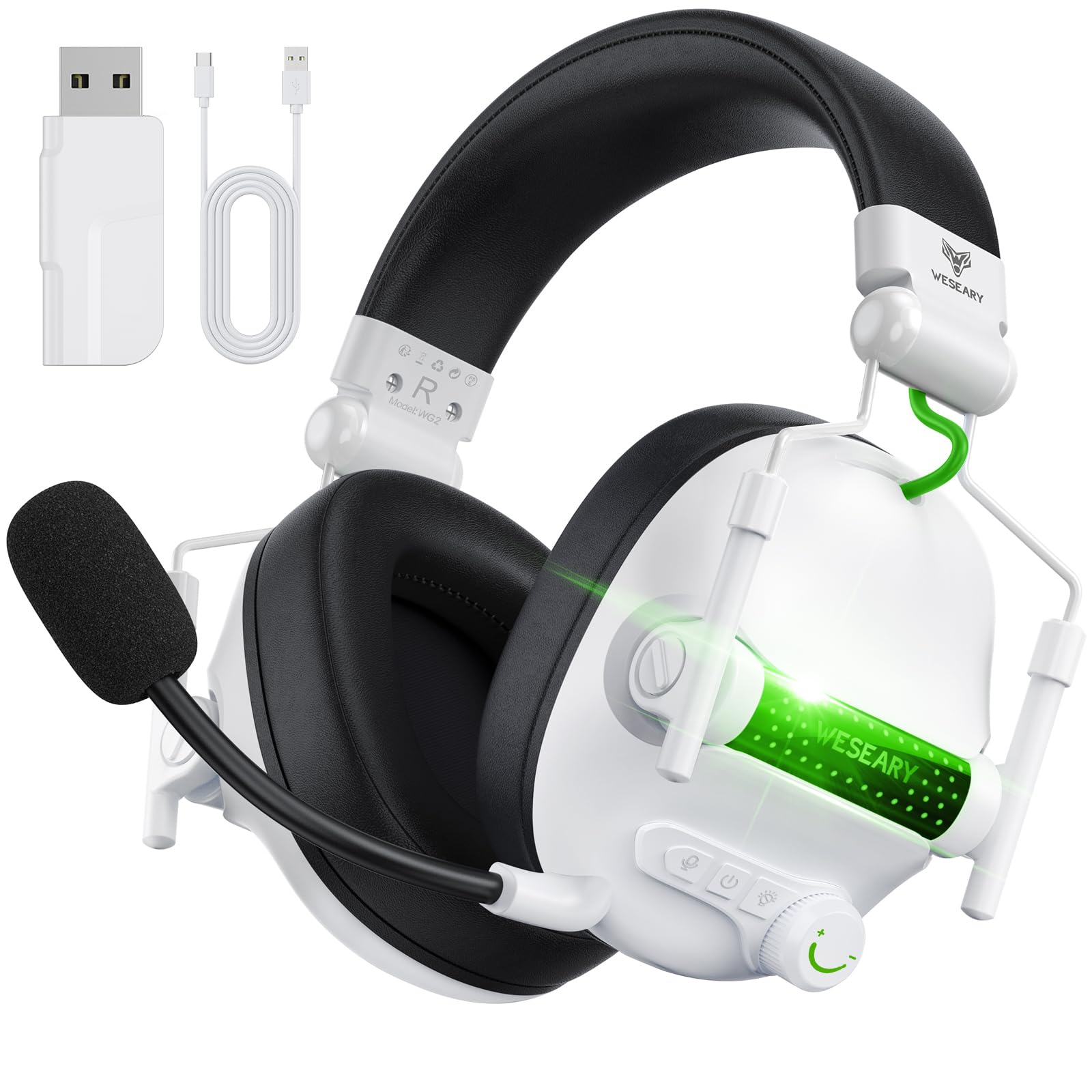 WESEARY WG2 Cascos Gaming Inalambricos, Auriculares Gaming Inalambricos de 2.4G para PS5, PS4, PC, Switch, Sonido Estéreo 7.1 Auriculares con Microfono, Cascos Gaming con Luz LED, Duración 50Hr+