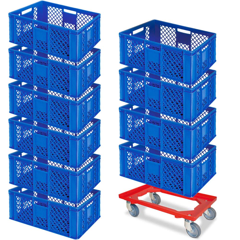 BRB 10 Eurobehälter, LxBxH 600x400x240 mm, lebensmittelecht + 1 Transportroller (blau/rot)