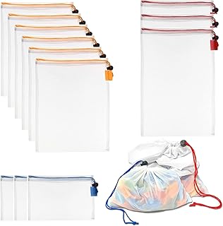 Reofrey 12 Stück Transparente Netzbeutel，Waschbar Netzbeutel Kordelzug – Vielseitige Mesh Bags in 3 Größen für Obst, Obst Schutz Beutel Gemüse & Haushaltsgegenstände – Ideal für Reisen